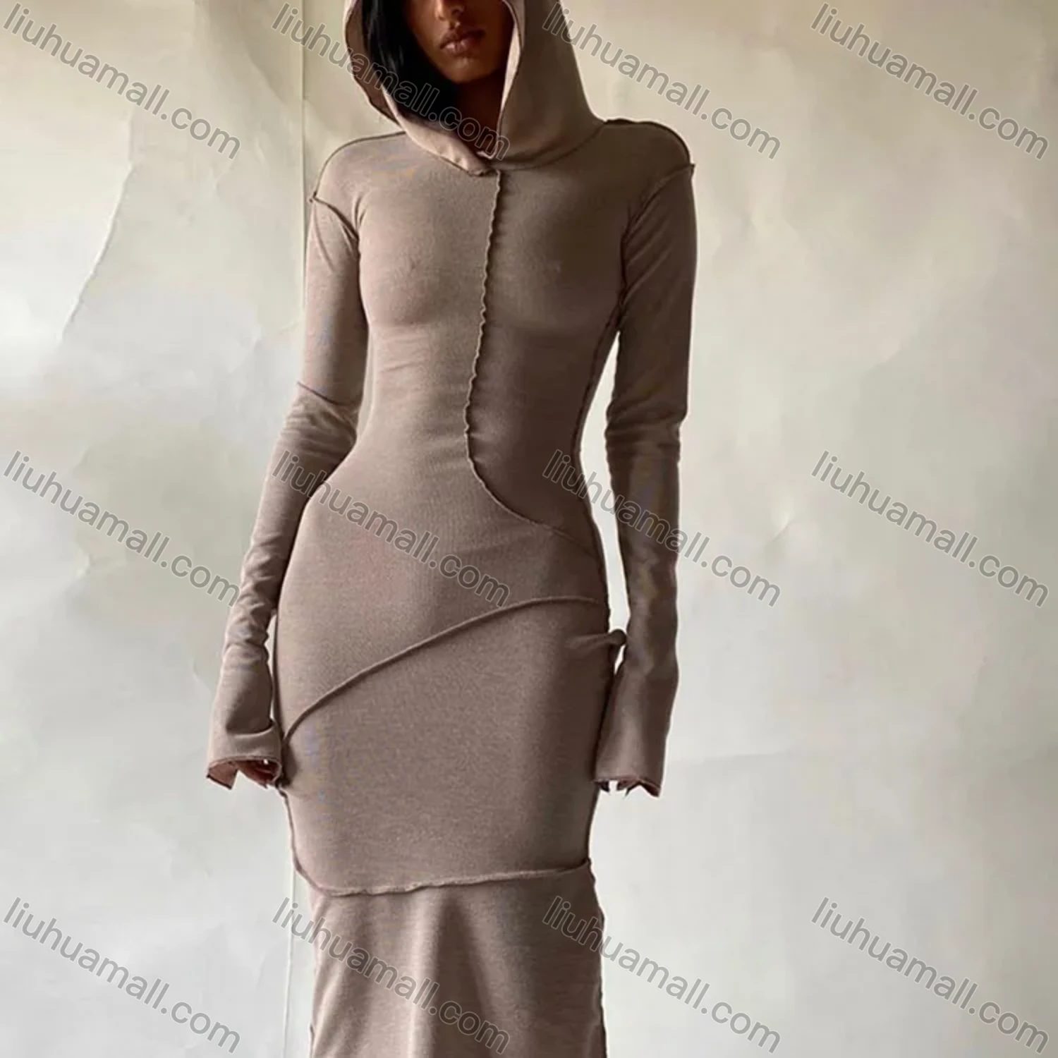 Wholesale Women's Plain Slim Fit Long Sleeve Hoodie Bodycon Midi Dress D0B3710G# - Liuhuamall