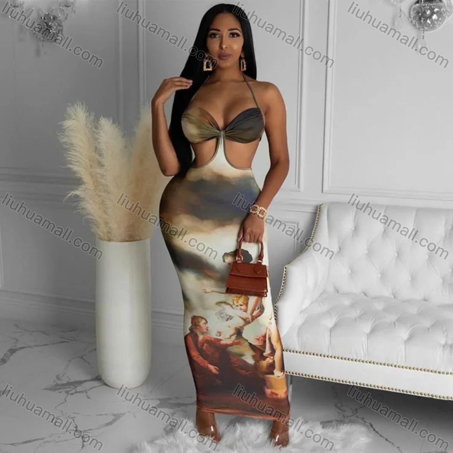 Wholesale Women's Sexy Graphic Halter Cut Out Maxi Dress D093346X# - Liuhuamall