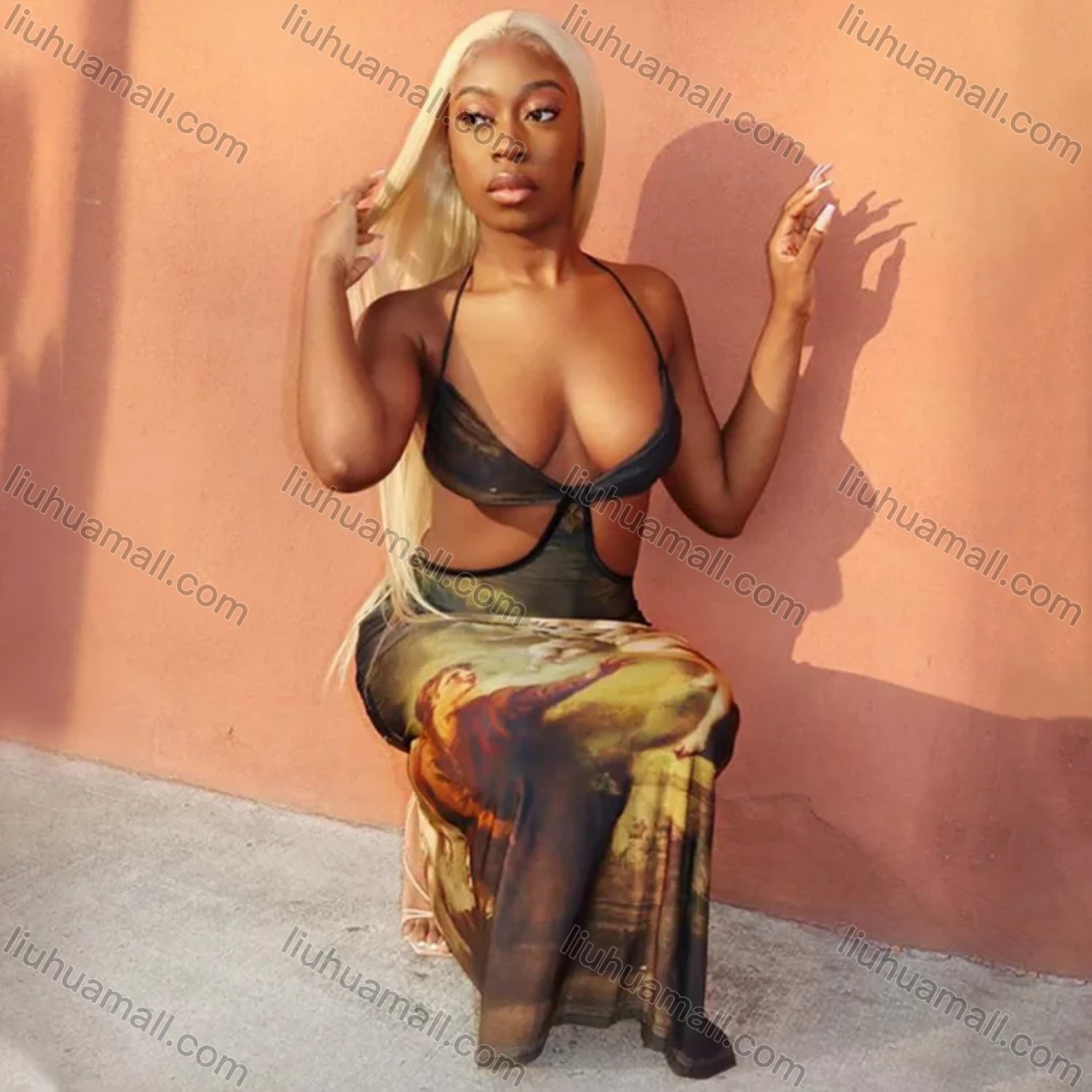 Wholesale Women's Sexy Graphic Halter Cut Out Maxi Dress D093346X# - Liuhuamall