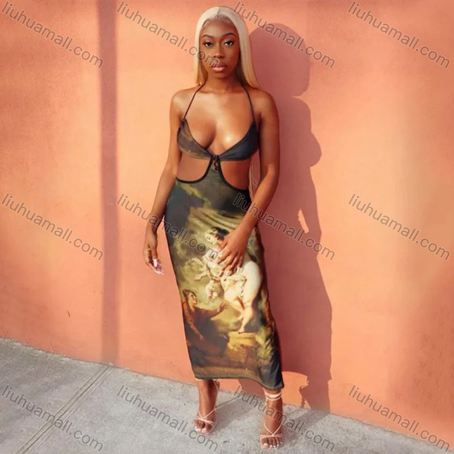 Wholesale Women's Sexy Graphic Halter Cut Out Maxi Dress D093346X# - Liuhuamall