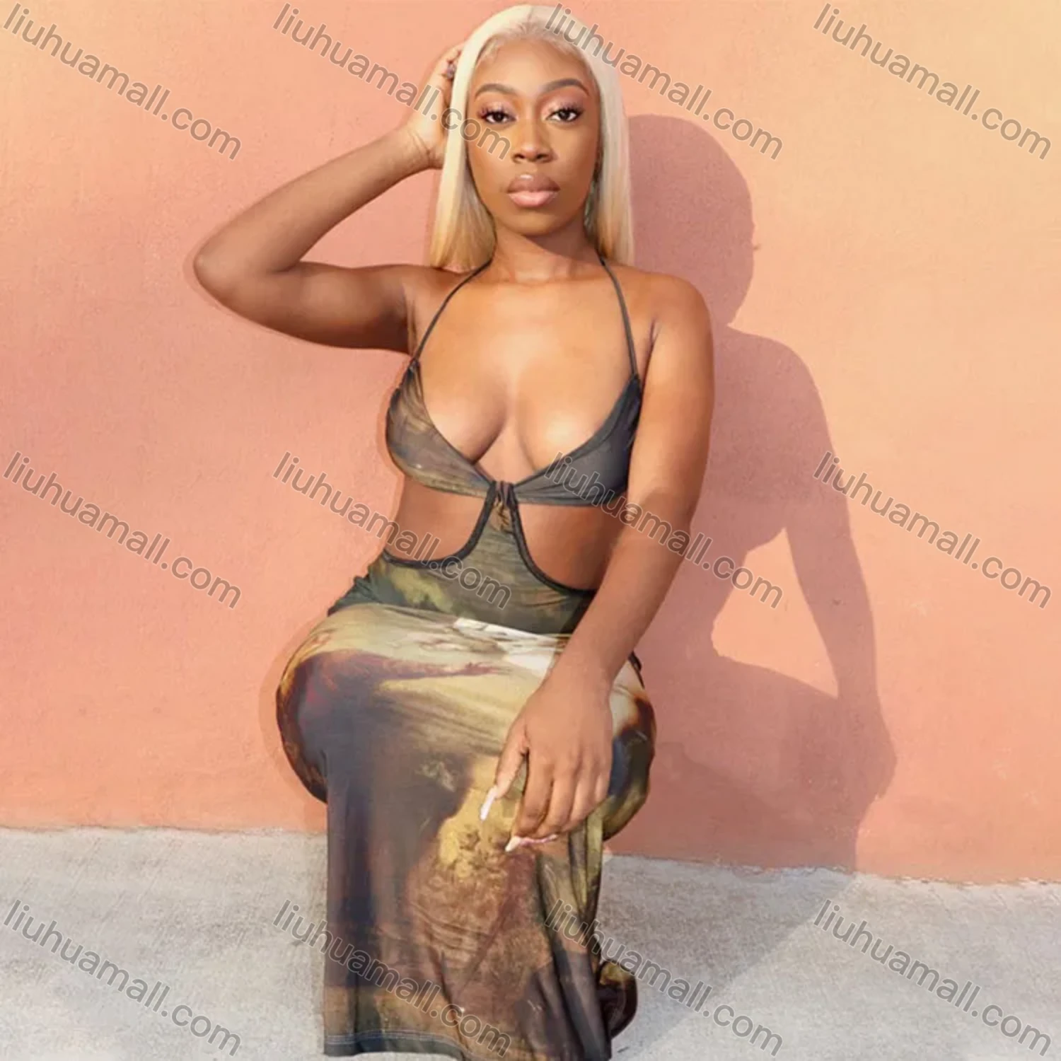 Wholesale Women's Sexy Graphic Halter Cut Out Maxi Dress D093346X# - Liuhuamall