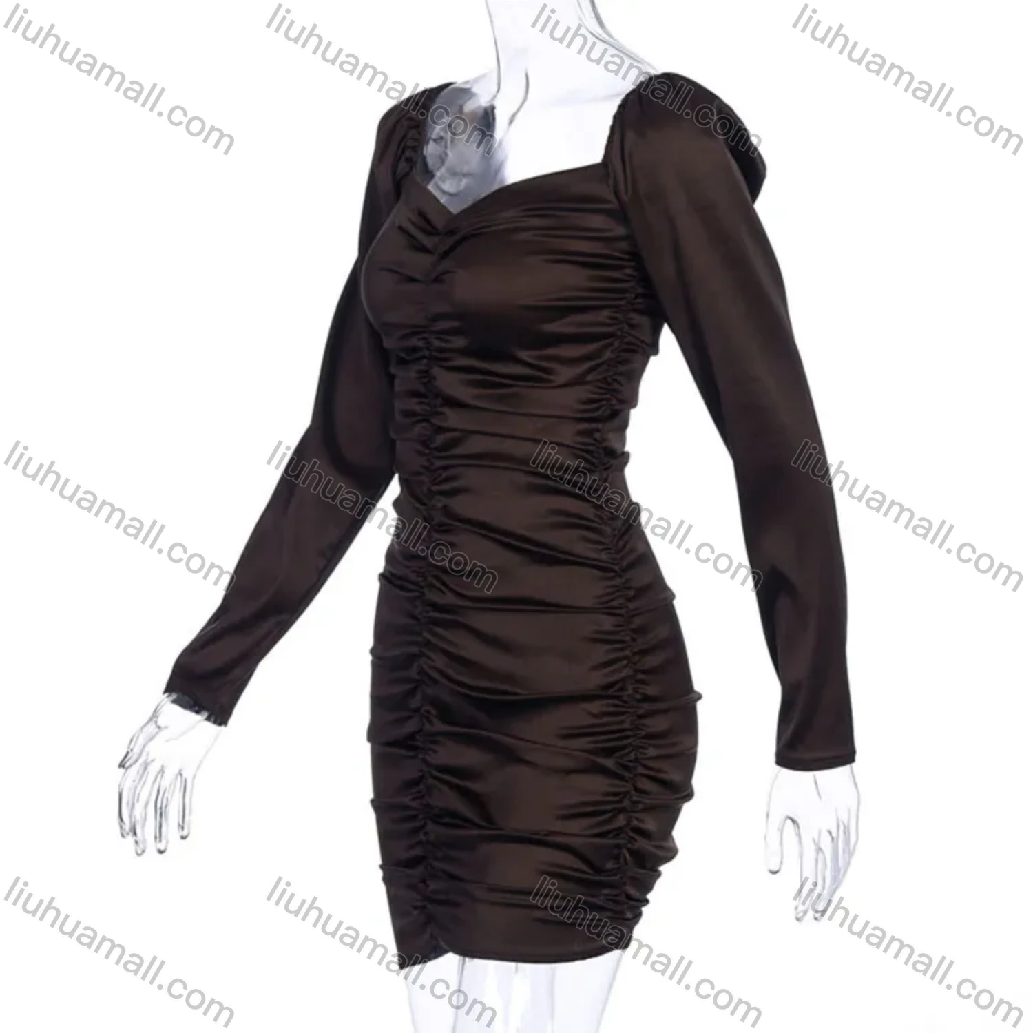 Wholesale Women's Plain Off Shoulder Long Sleeve Ruched Short Dress D981145K# - Liuhuamall