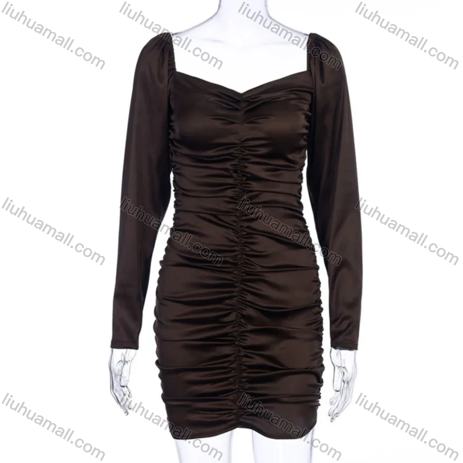 Wholesale Women's Plain Off Shoulder Long Sleeve Ruched Short Dress D981145K# - Liuhuamall