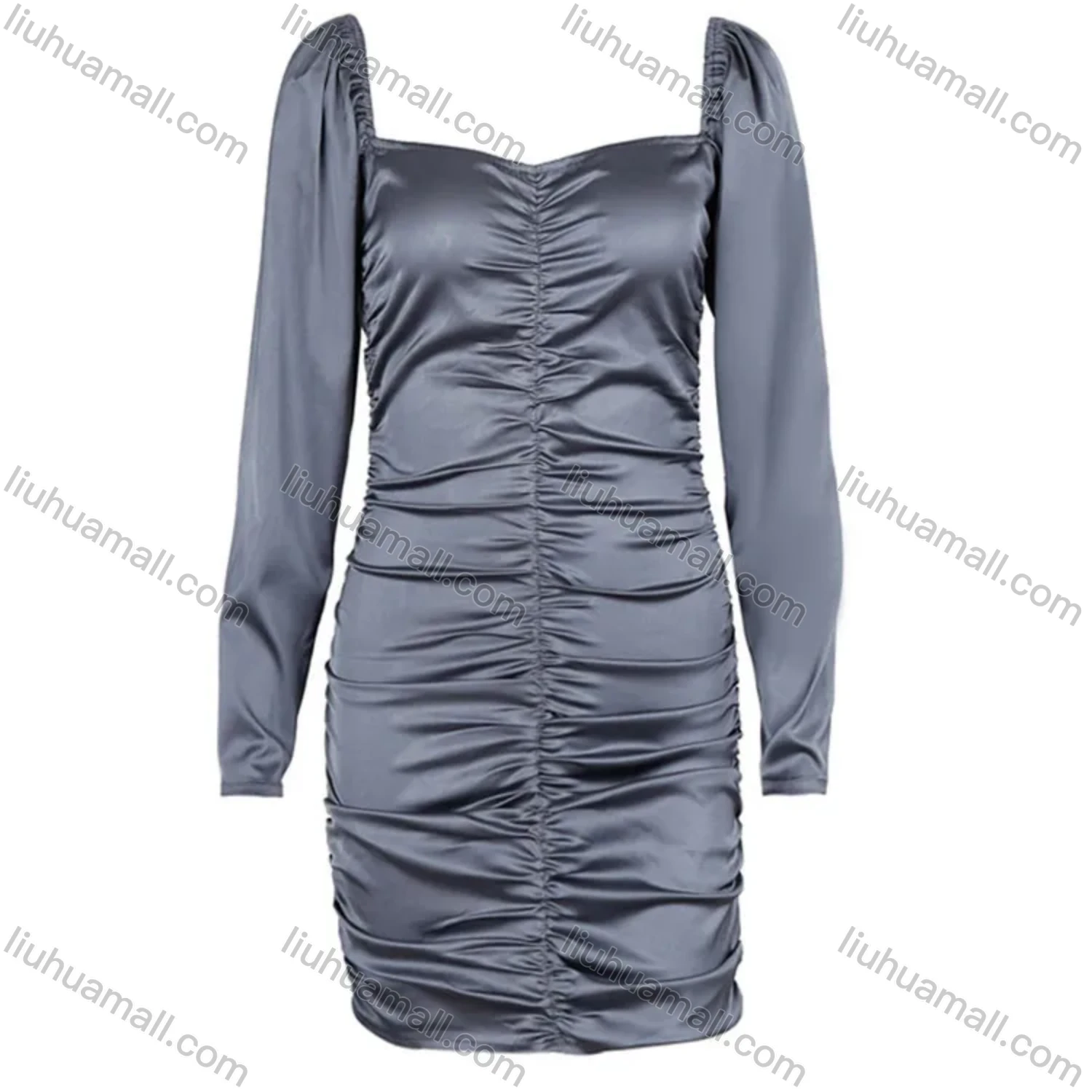 Wholesale Women's Plain Off Shoulder Long Sleeve Ruched Short Dress D981145K# - Liuhuamall