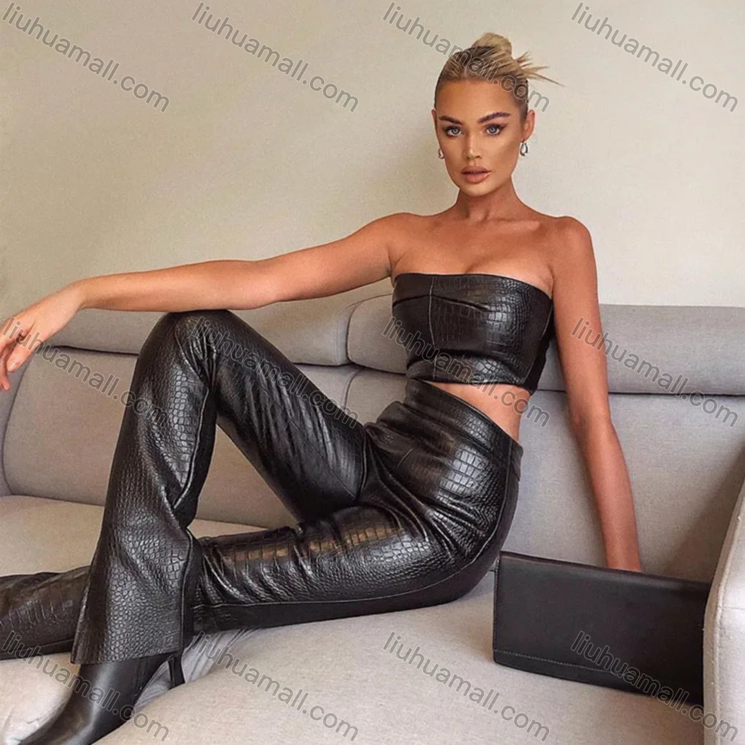 Wholesale Women's Casual Plain Scale PU Leather Top & Pants 2 Piece Set S0C4081X# - Liuhuamall