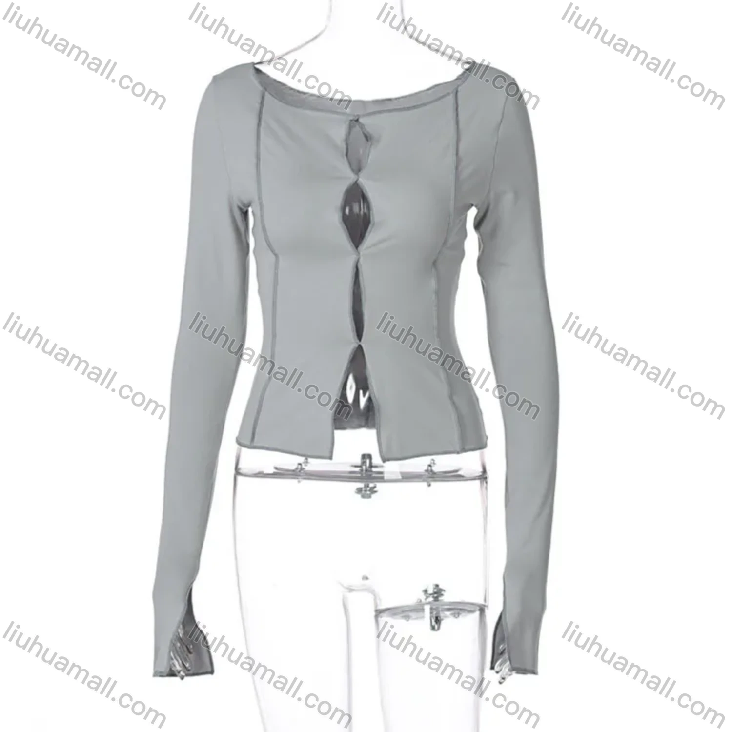 Wholesale Women's Casual Plain Cut Out Long Sleeve Blouse T0A3696G# - Liuhuamall