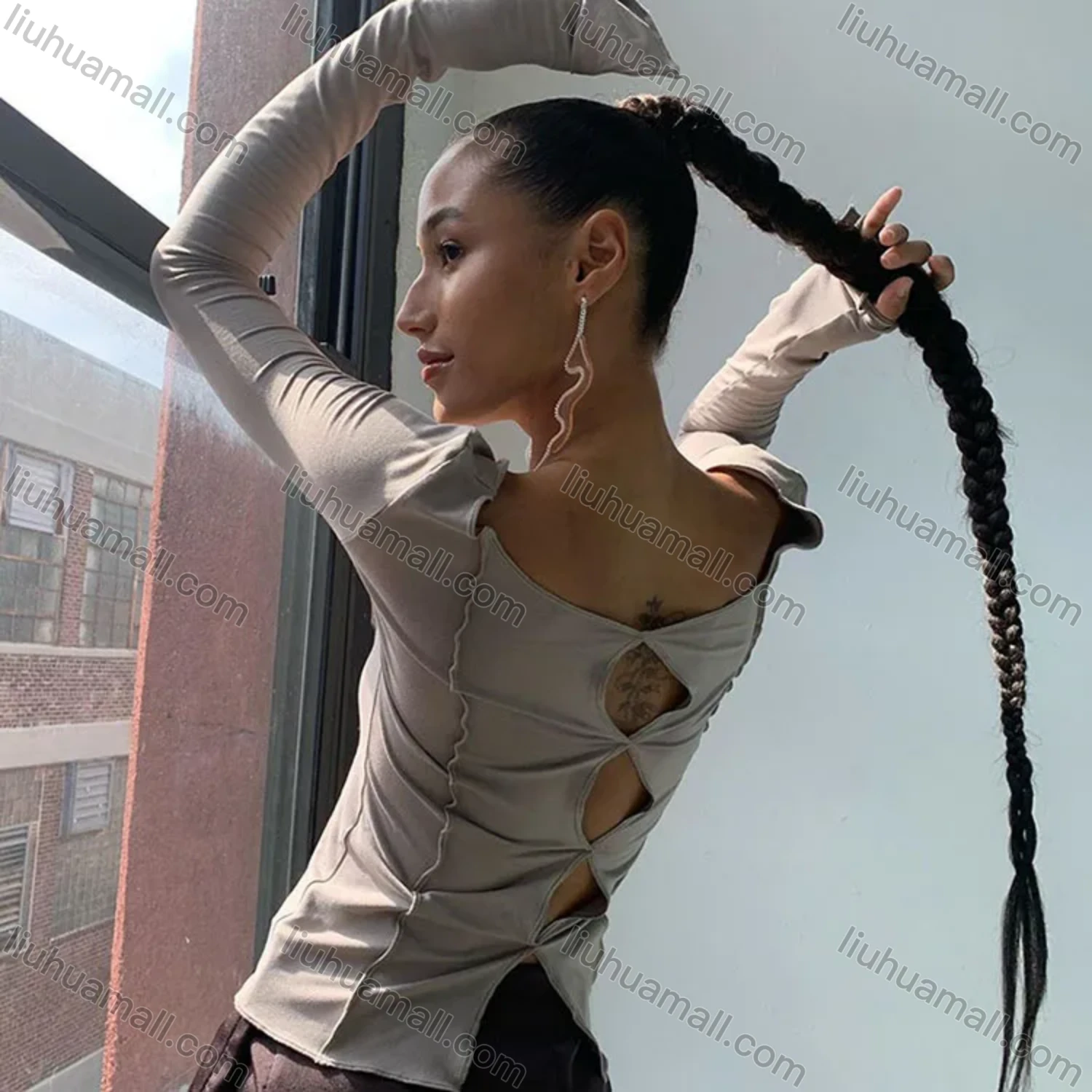 Wholesale Women's Casual Plain Cut Out Long Sleeve Blouse T0A3696G# - Liuhuamall