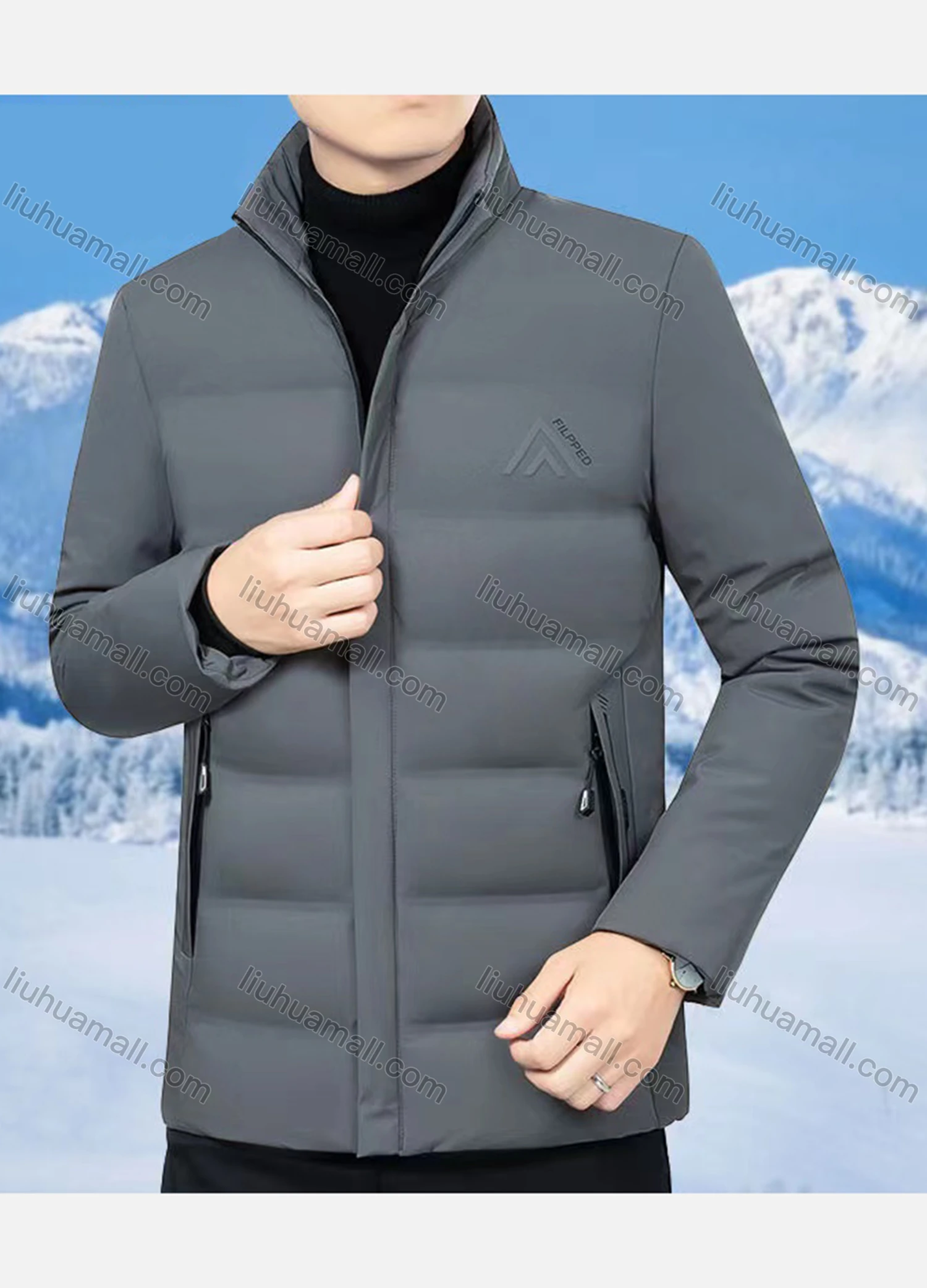 Wholesale Men's Casual Plain High Neck Slim Warm Zip Pockets Puffer Coat - Liuhuamall