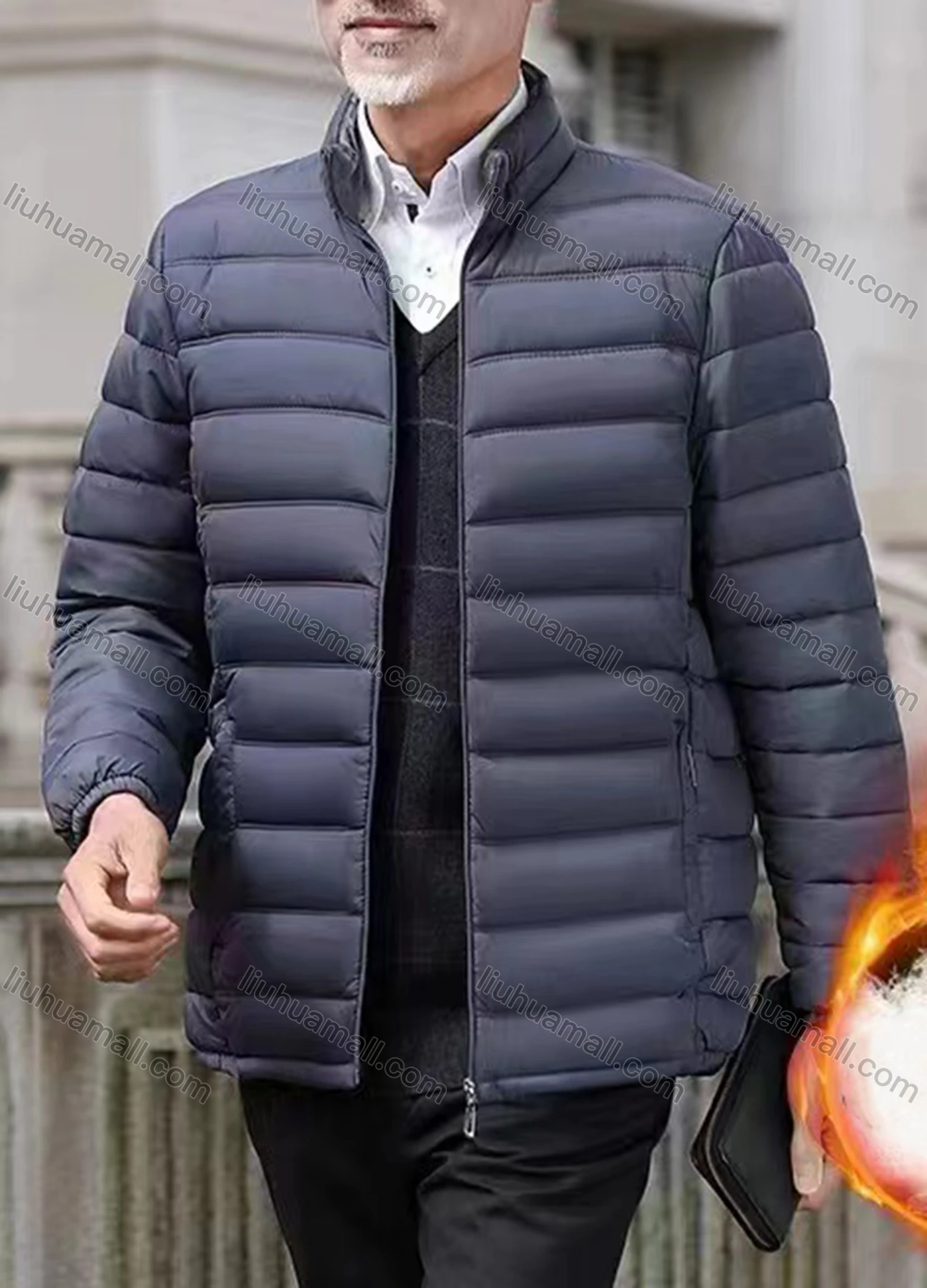 Wholesale Men's Casual Plain Warm High Neck Zipper Closure Puffer Coat - Liuhuamall
