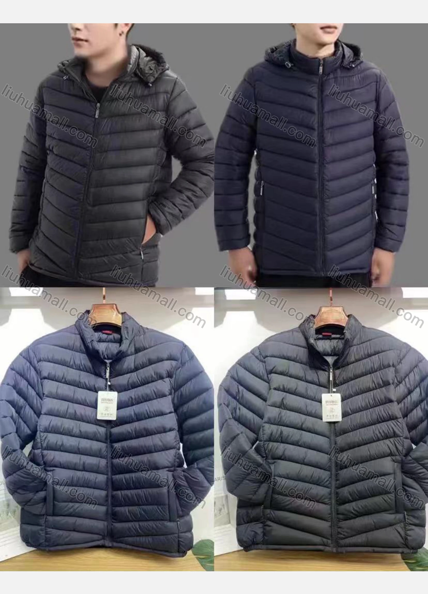 Wholesale Men's Casual Plain Warm Hood Zipper Pockets Puffer Coat - Liuhuamall