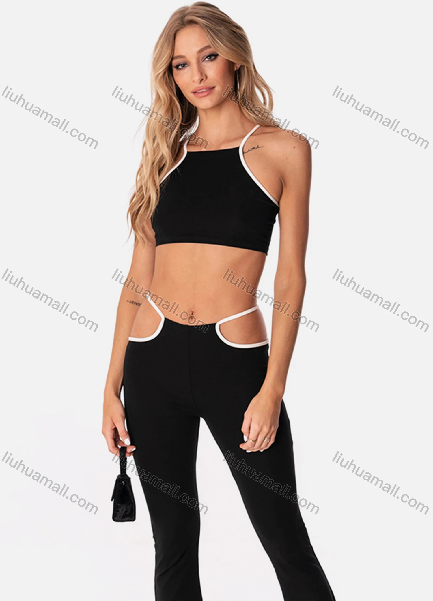 Wholesale Women's Fashion Spaghetti Strap Racerback Cami Tops & Cutout Flared Pants 2 Piece Set Q21ST283# - Liuhuamall