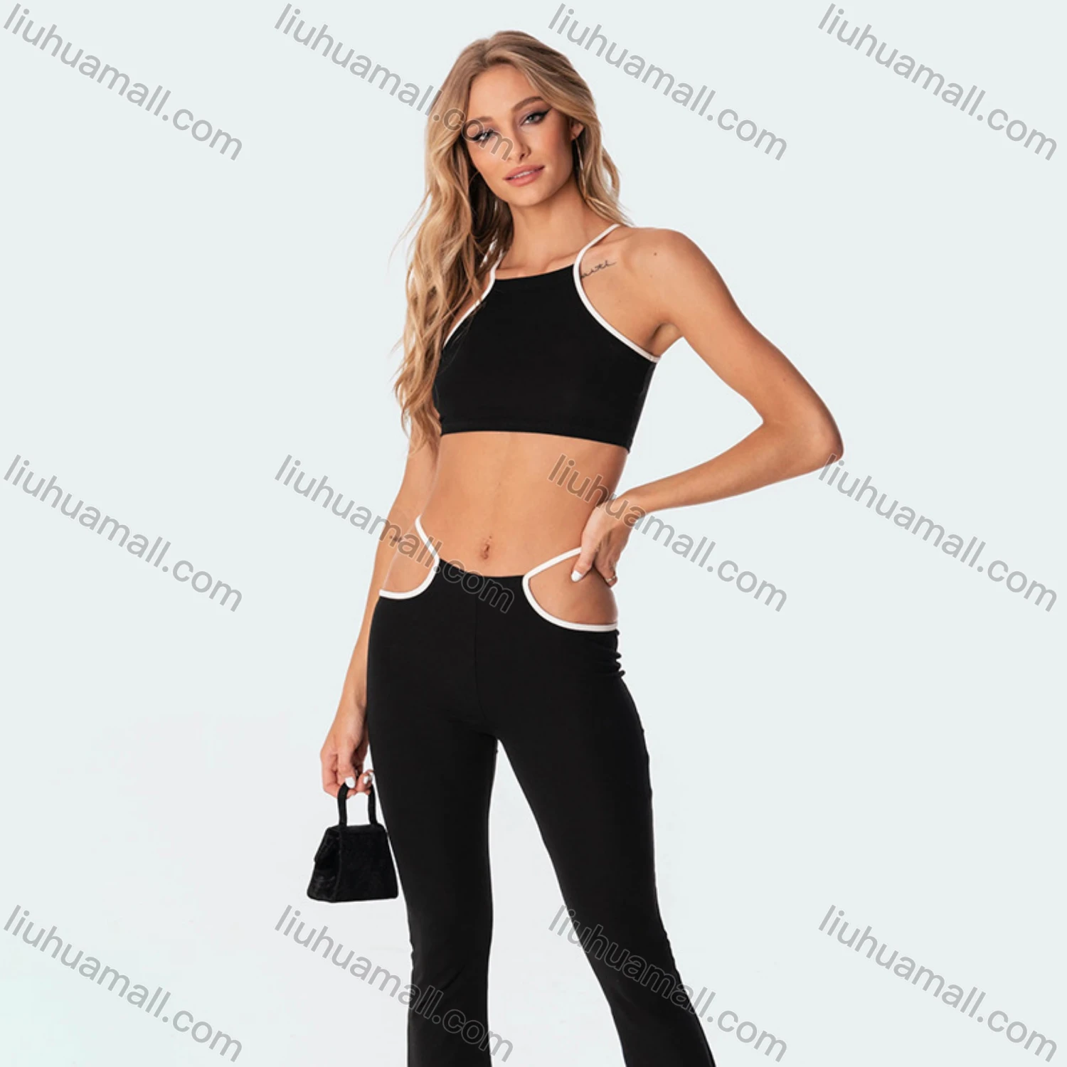 Wholesale Women's Fashion Spaghetti Strap Racerback Cami Tops & Cutout Flared Pants 2 Piece Set Q21ST283# - Liuhuamall