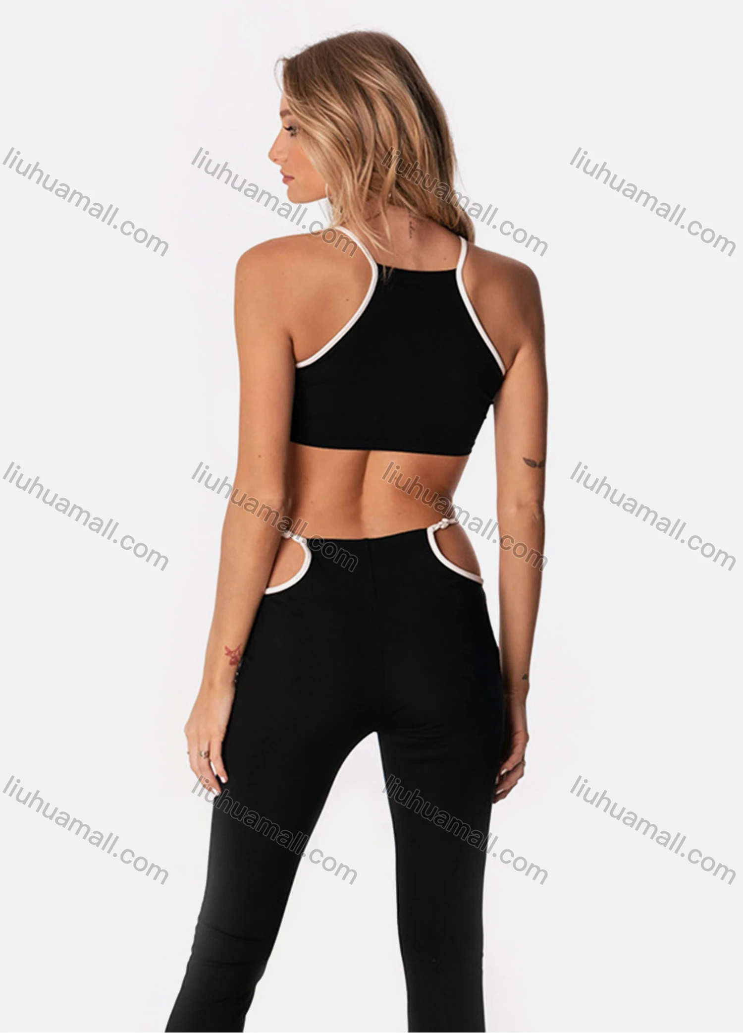 Wholesale Women's Fashion Spaghetti Strap Racerback Cami Tops & Cutout Flared Pants 2 Piece Set Q21ST283# - Liuhuamall