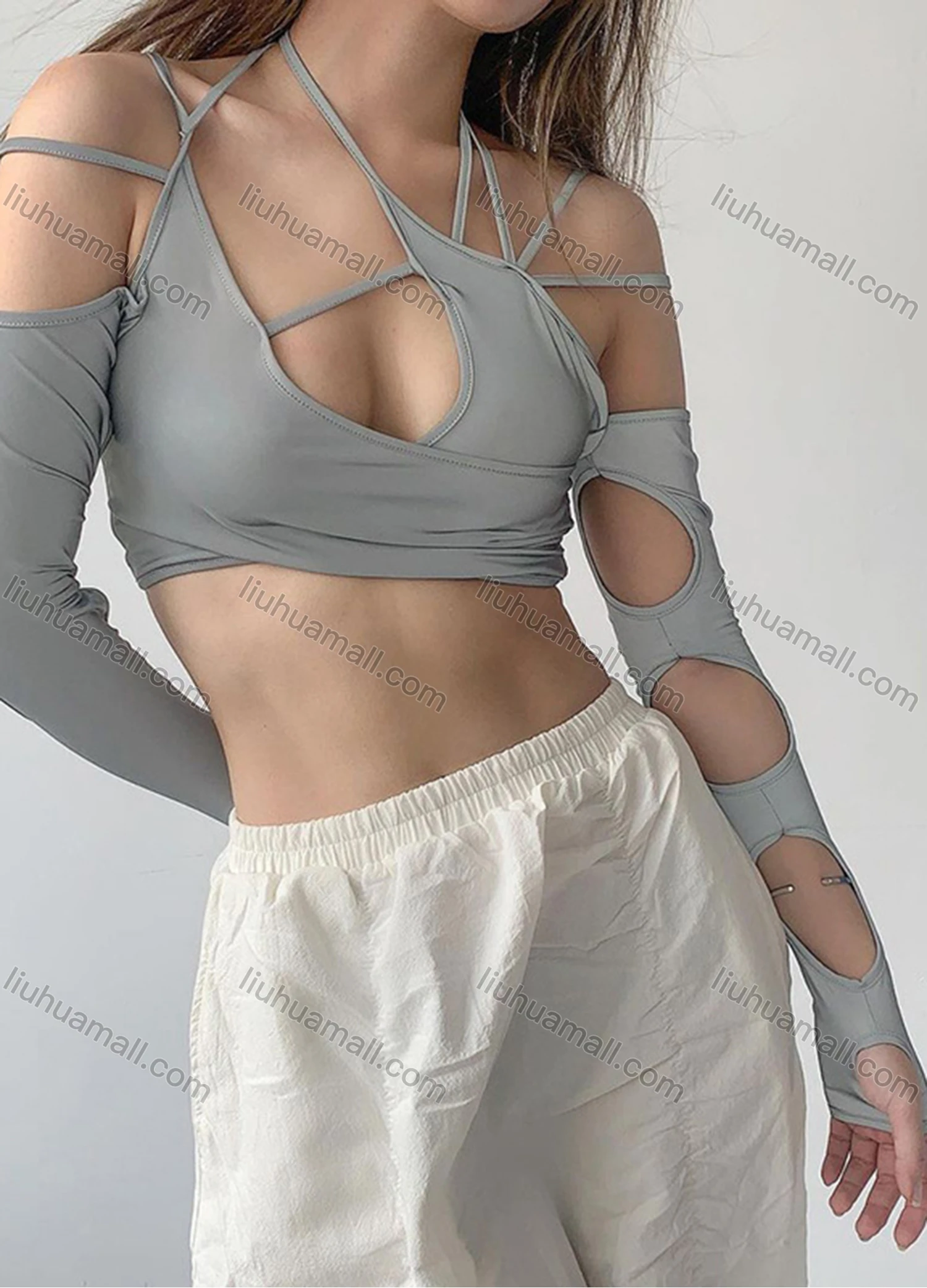 Wholesale Women's Fashion Asymmetrical Spaghetti Strap Sexy Cutout Crop Top Q21TP294# - Liuhuamall