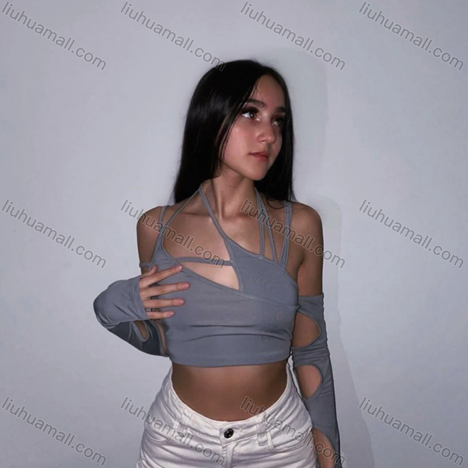 Wholesale Women's Fashion Asymmetrical Spaghetti Strap Sexy Cutout Crop Top Q21TP294# - Liuhuamall