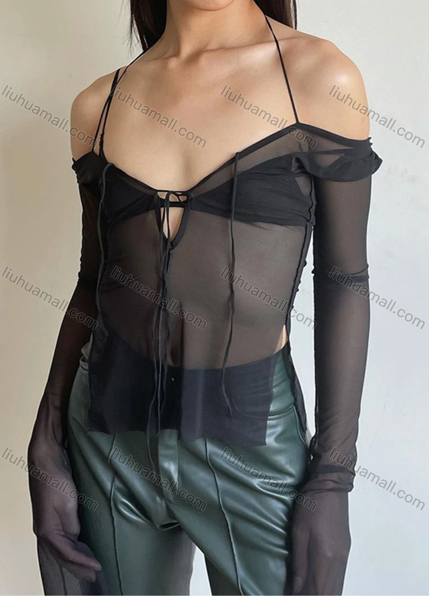 Wholesale Women's Sexy Halter Off Shoulder Split Side Mesh Semi-sheer Top Q21TP300# - Liuhuamall