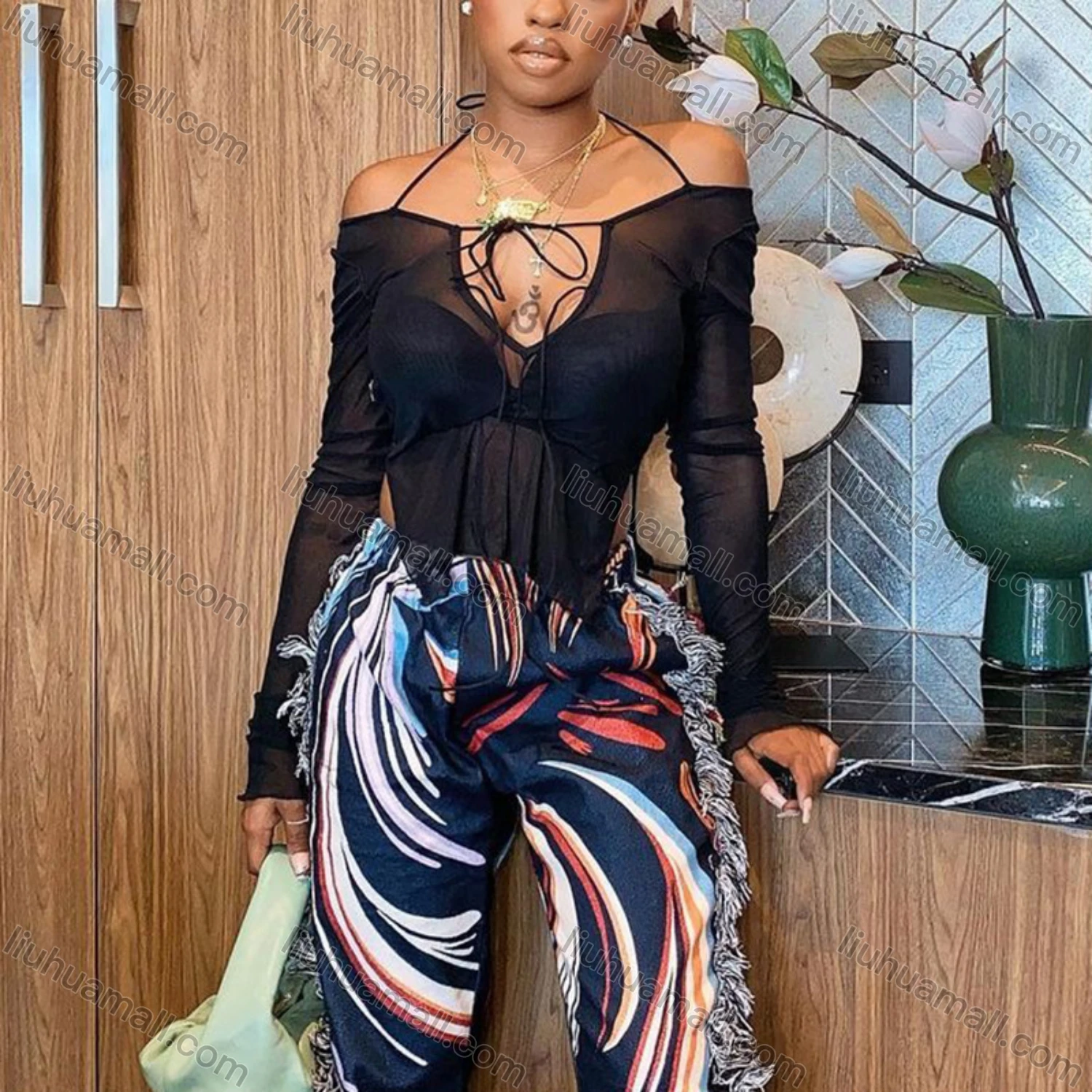 Wholesale Women's Sexy Halter Off Shoulder Split Side Mesh Semi-sheer Top Q21TP300# - Liuhuamall