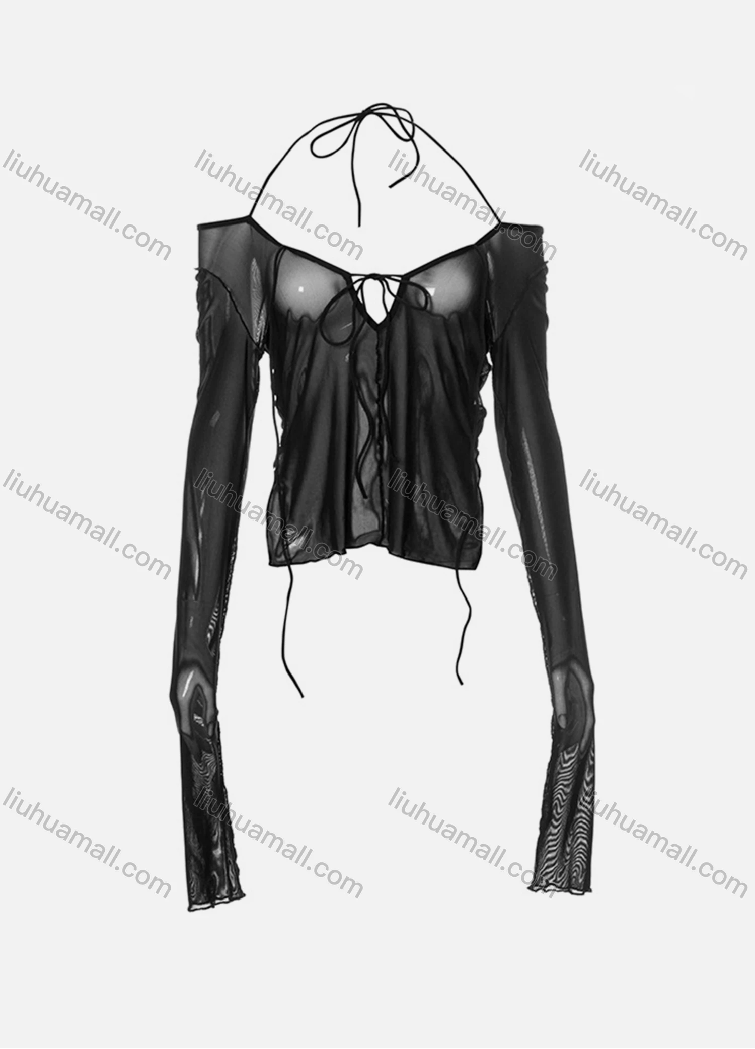 Wholesale Women's Sexy Halter Off Shoulder Split Side Mesh Semi-sheer Top Q21TP300# - Liuhuamall