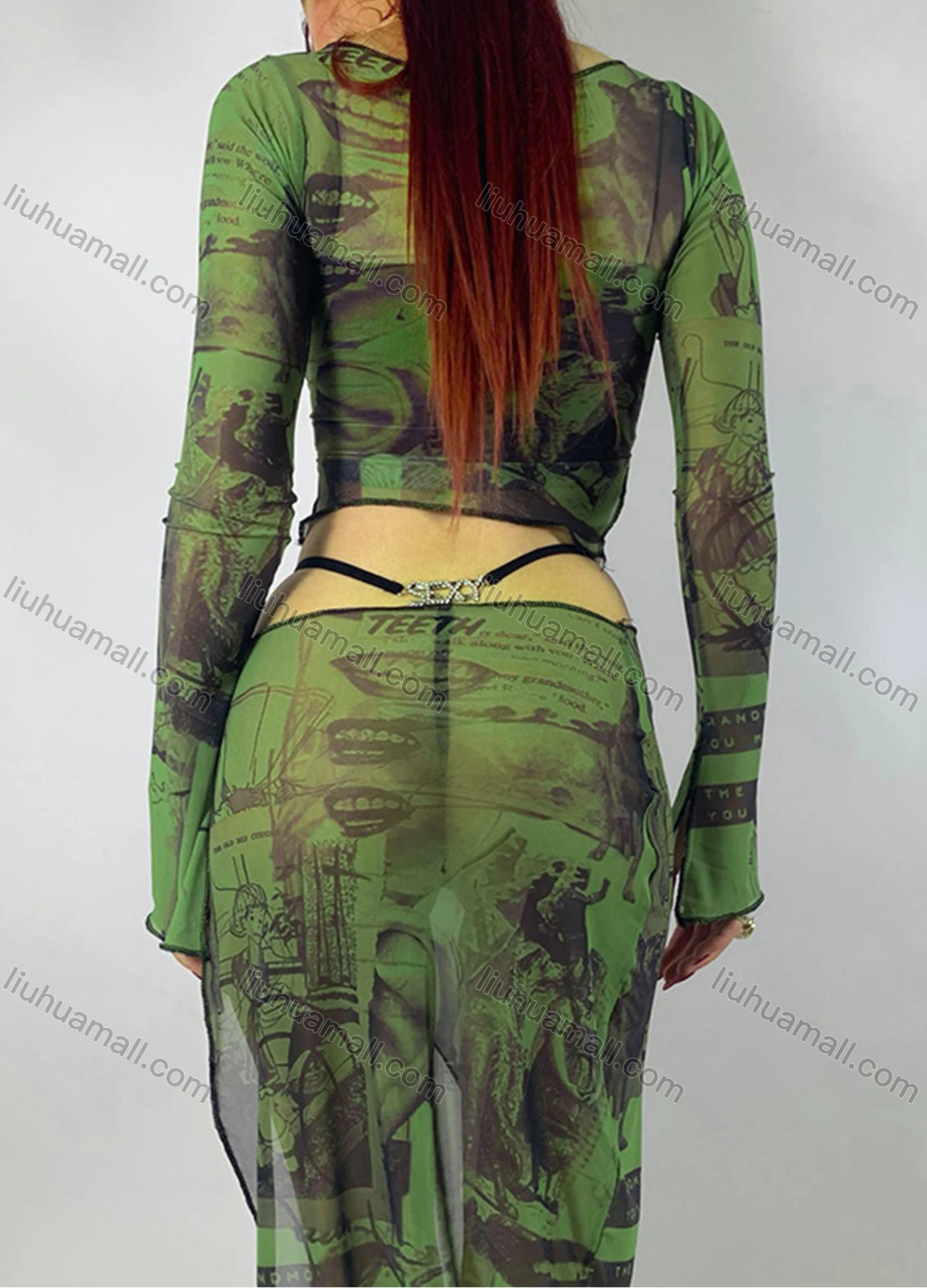 Wholesale Women's Sexy Bateau Neck Bell Sleeve Graffiti Print Mesh Semi-sheer Graphic Top Q21TP458# - Liuhuamall