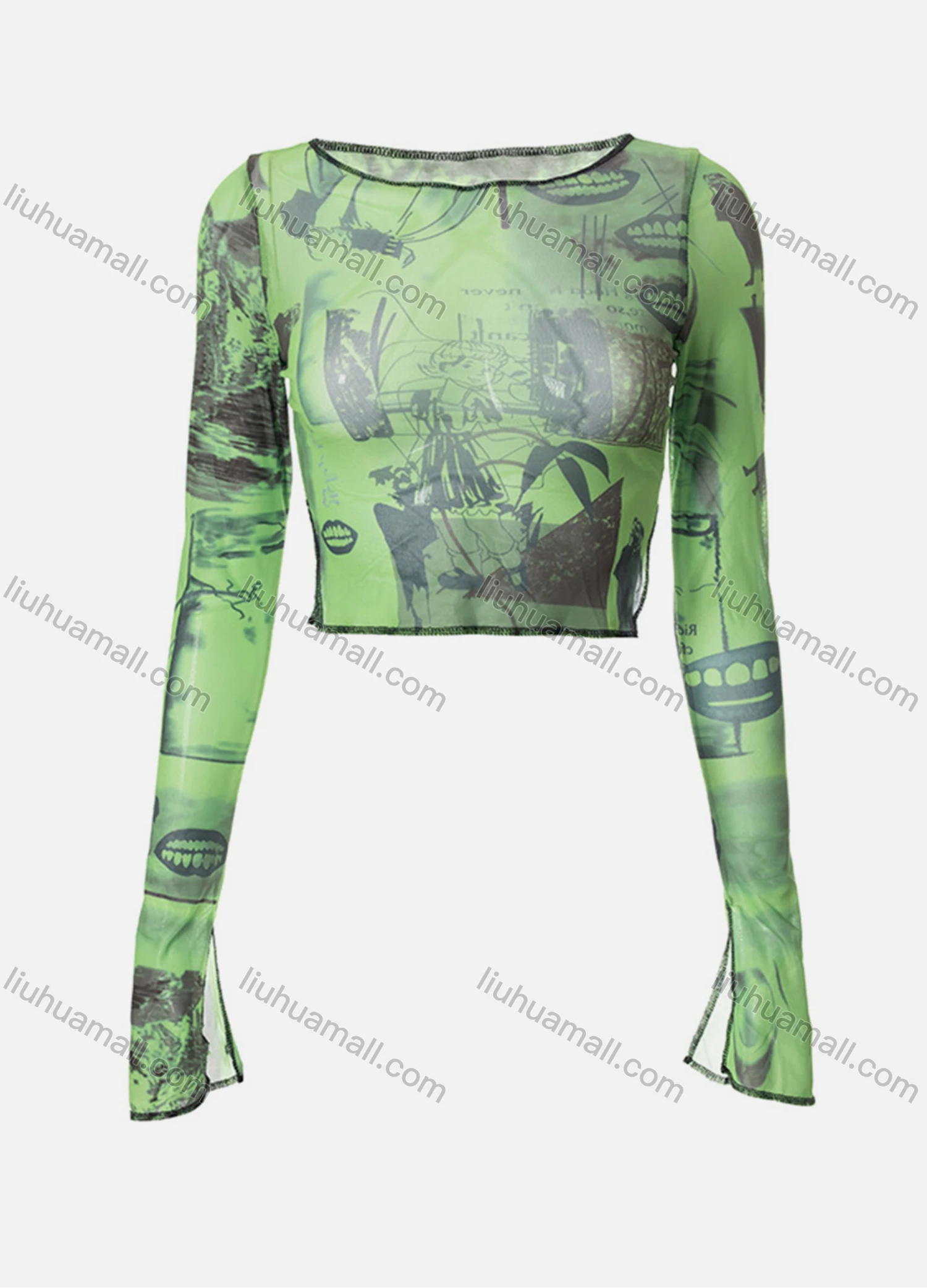 Wholesale Women's Sexy Bateau Neck Bell Sleeve Graffiti Print Mesh Semi-sheer Graphic Top Q21TP458# - Liuhuamall