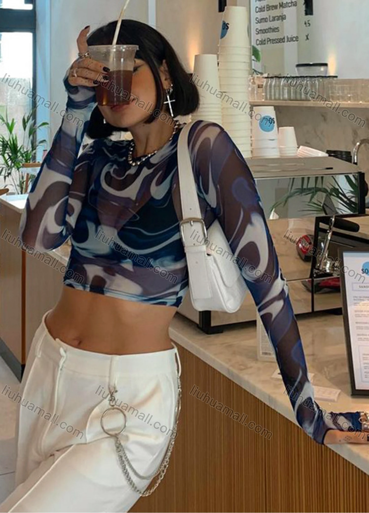 Wholesale Women's Sexy Long Sleeve Mesh Semi-sheer Crop Top Q21TP574# - Liuhuamall