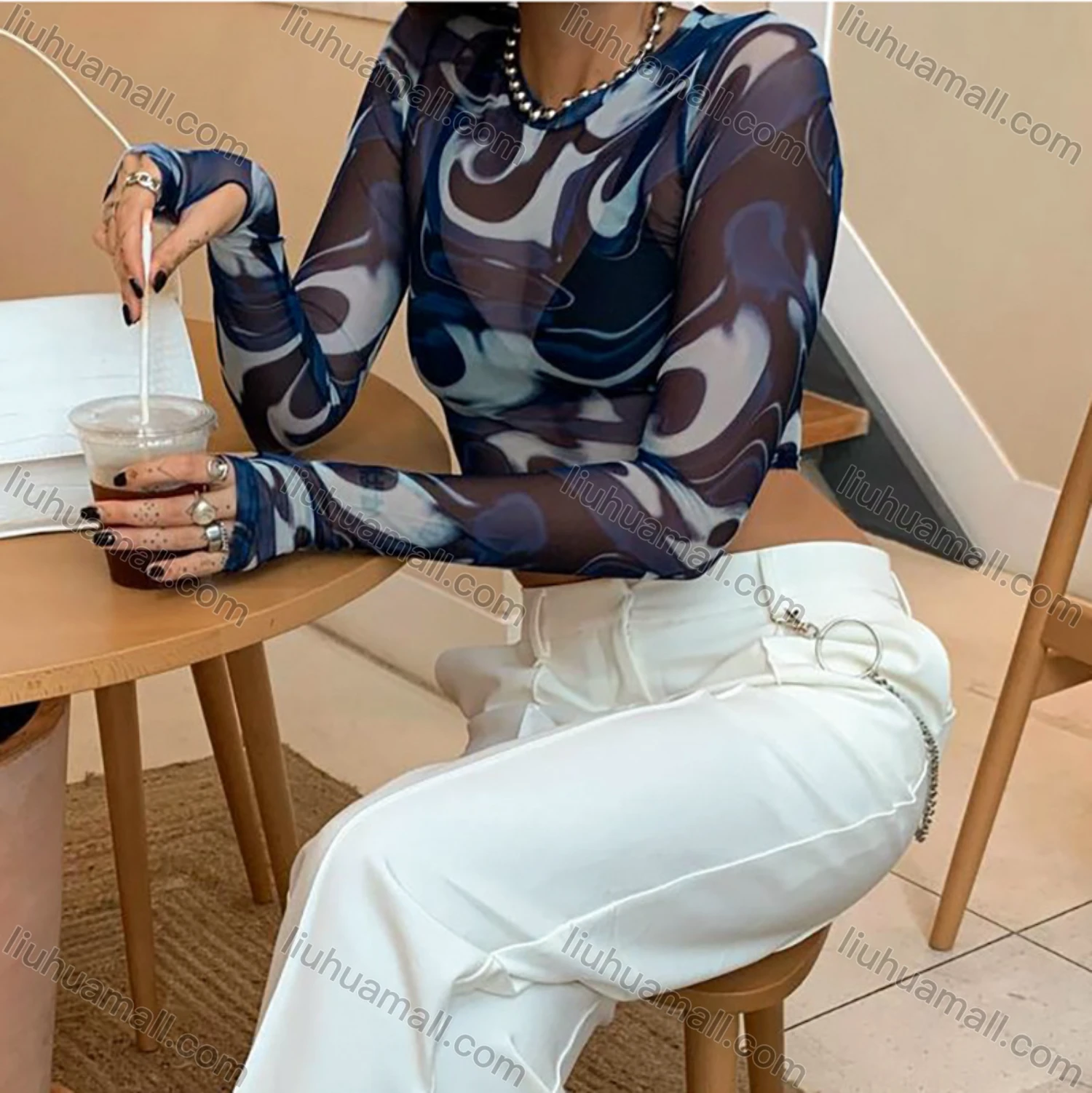 Wholesale Women's Sexy Long Sleeve Mesh Semi-sheer Crop Top Q21TP574# - Liuhuamall