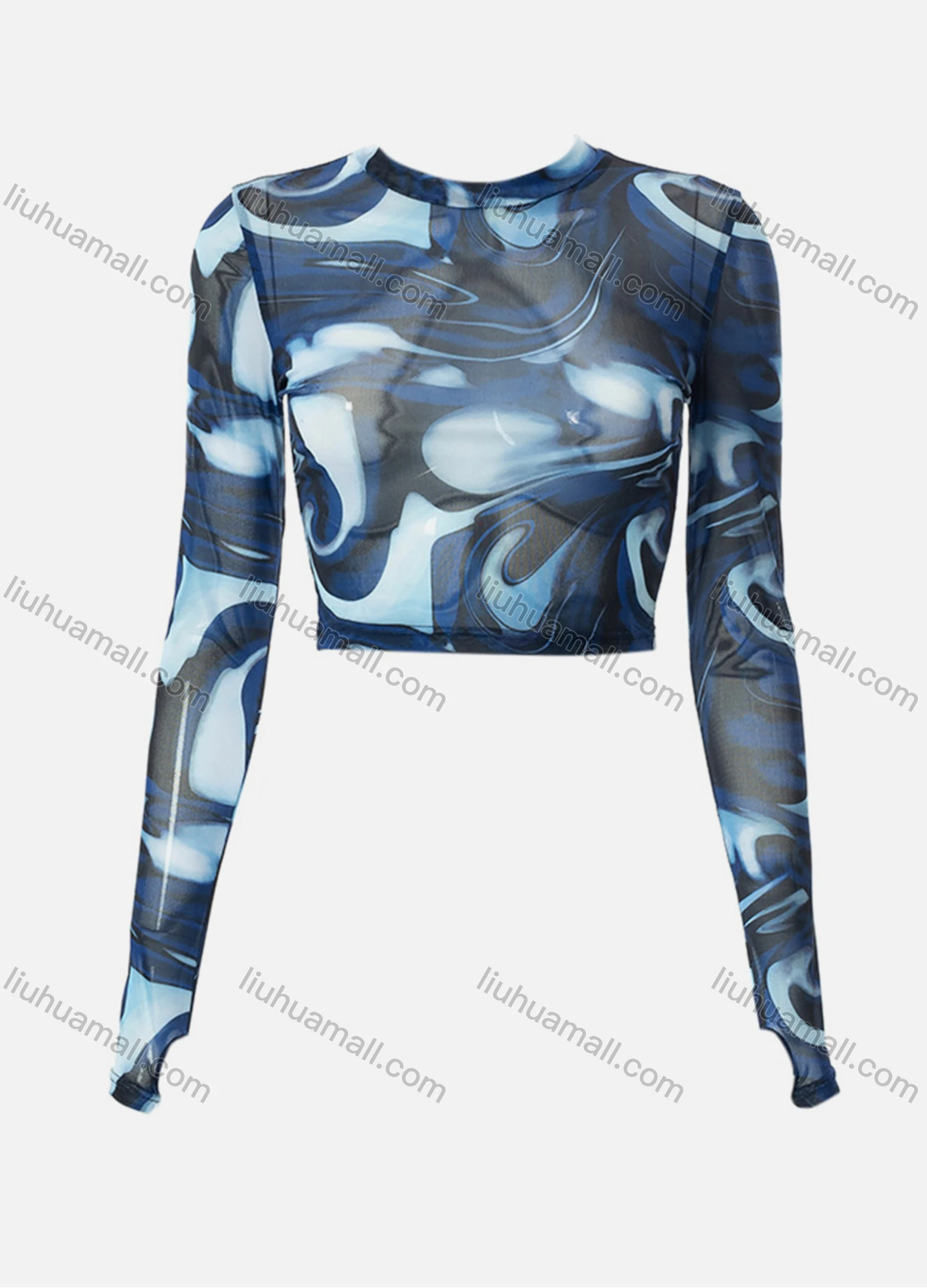 Wholesale Women's Sexy Long Sleeve Mesh Semi-sheer Crop Top Q21TP574# - Liuhuamall