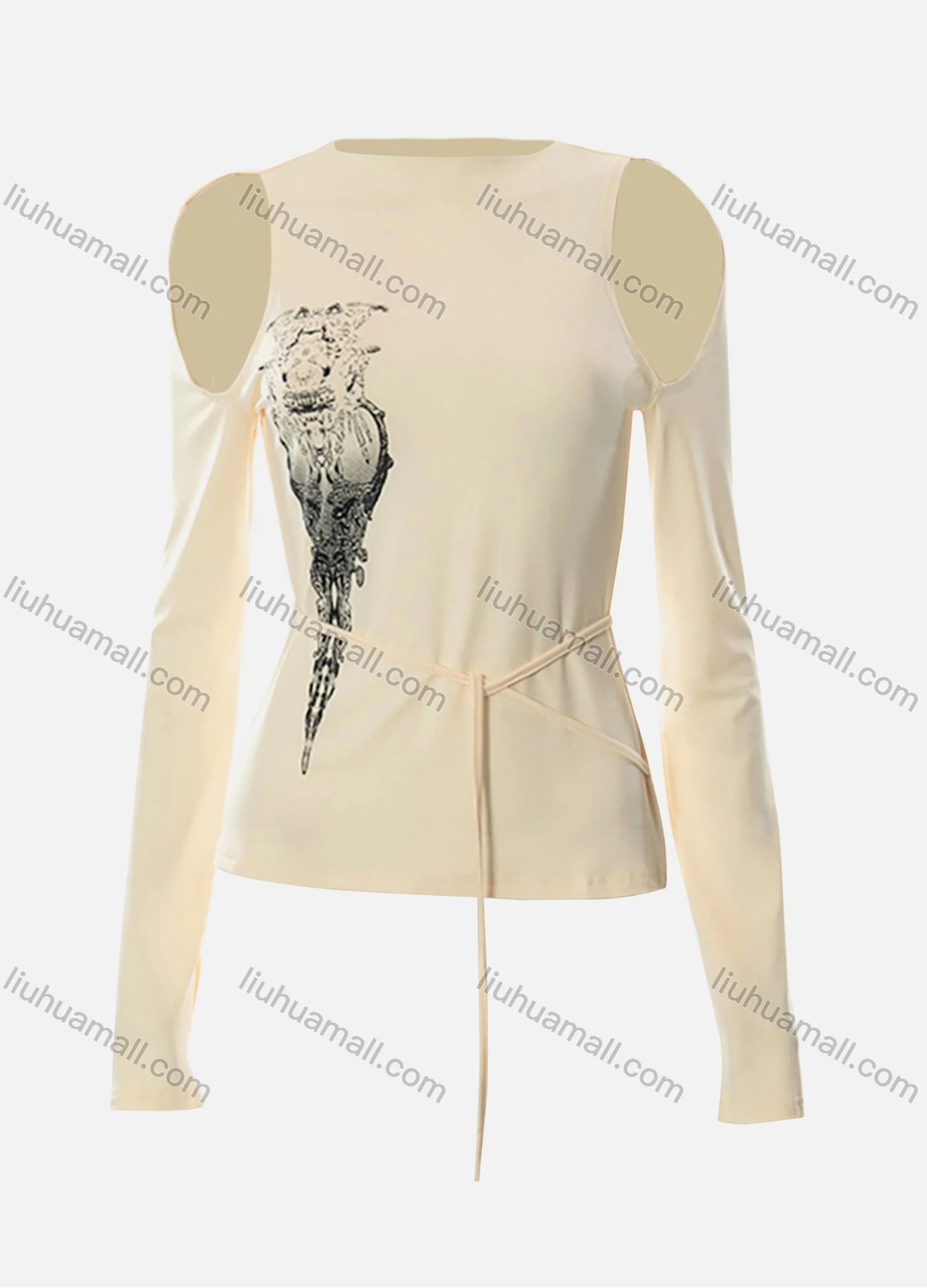 Wholesale Women's Fashion Long Sleeve Cold Shoulder Graphic Tie Long Top Q21TP604# - Liuhuamall