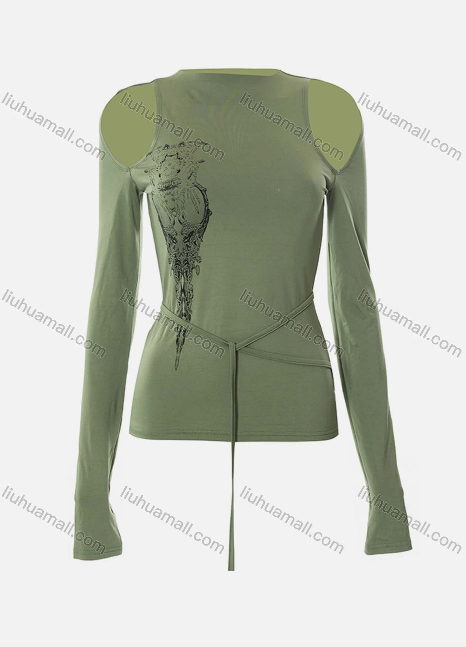 Wholesale Women's Fashion Long Sleeve Cold Shoulder Graphic Tie Long Top Q21TP604# - Liuhuamall