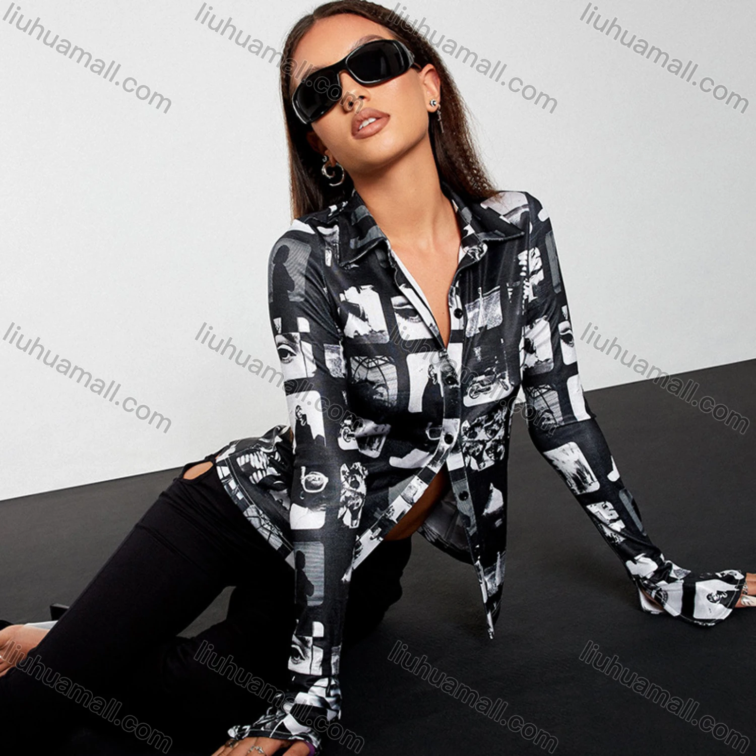 Wholesale Women's Fashion Bell Sleeve Allover Printb Button Down Slim Shirt Q21TP619# - Liuhuamall