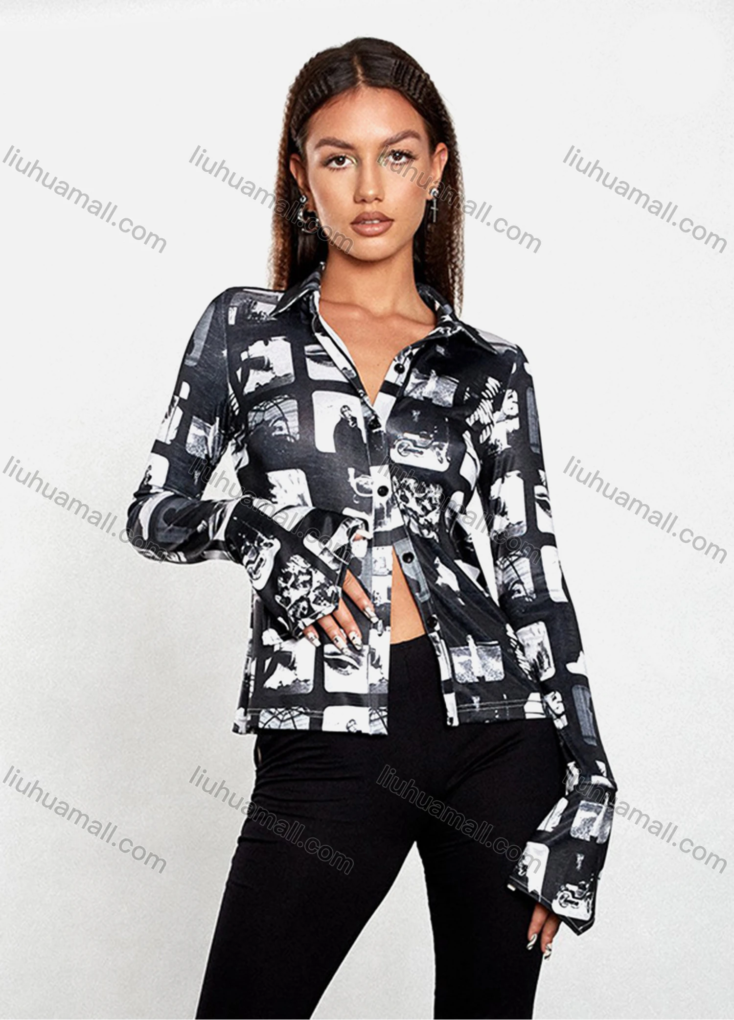 Wholesale Women's Fashion Bell Sleeve Allover Printb Button Down Slim Shirt Q21TP619# - Liuhuamall