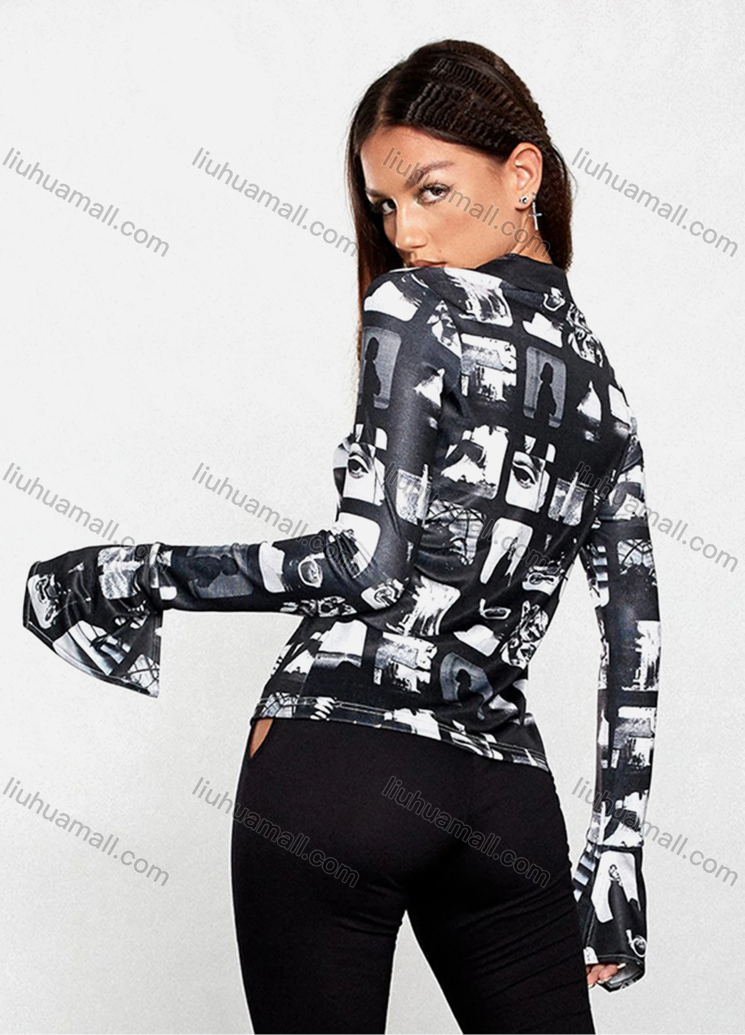 Wholesale Women's Fashion Bell Sleeve Allover Printb Button Down Slim Shirt Q21TP619# - Liuhuamall