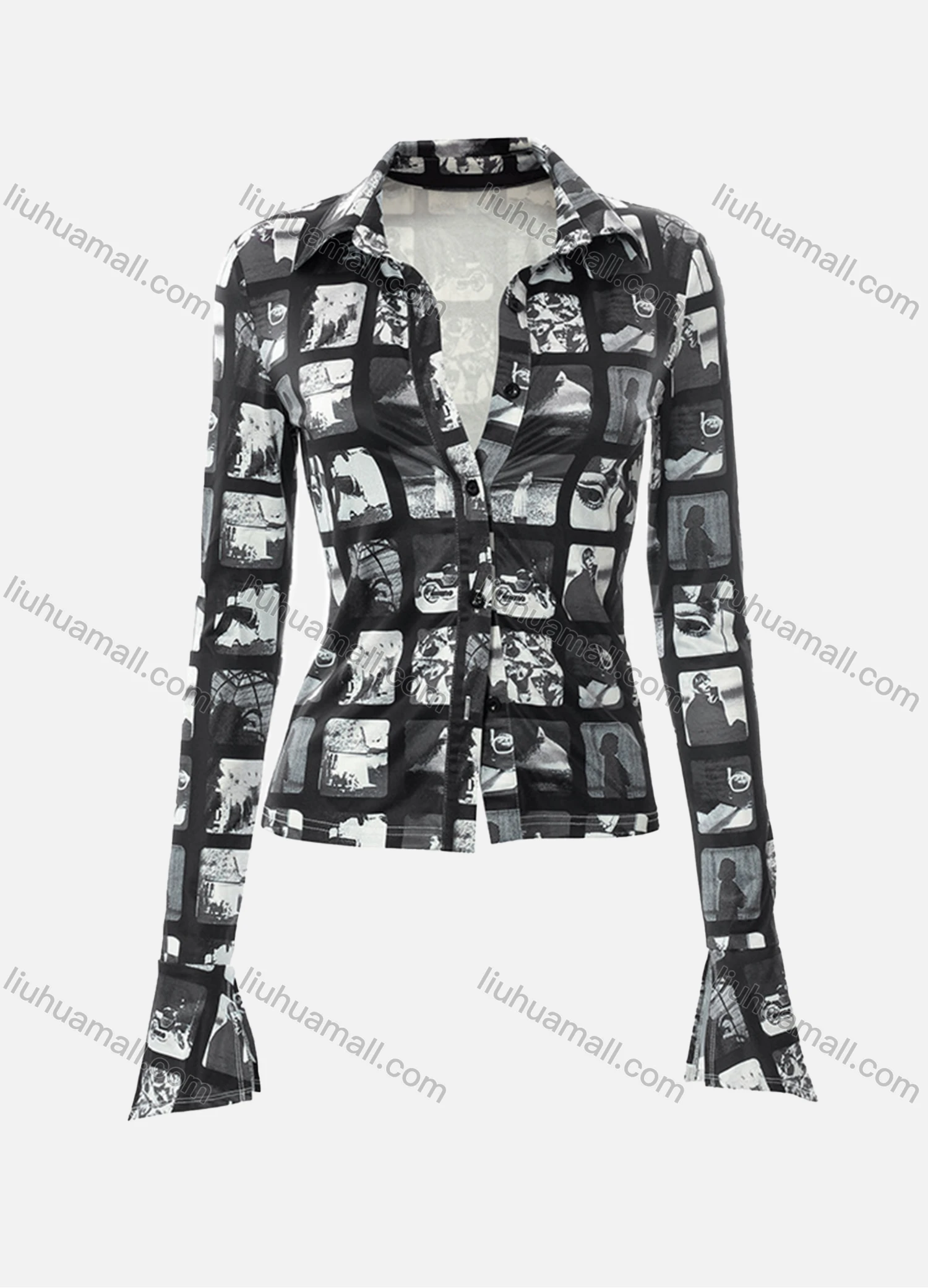Wholesale Women's Fashion Bell Sleeve Allover Printb Button Down Slim Shirt Q21TP619# - Liuhuamall