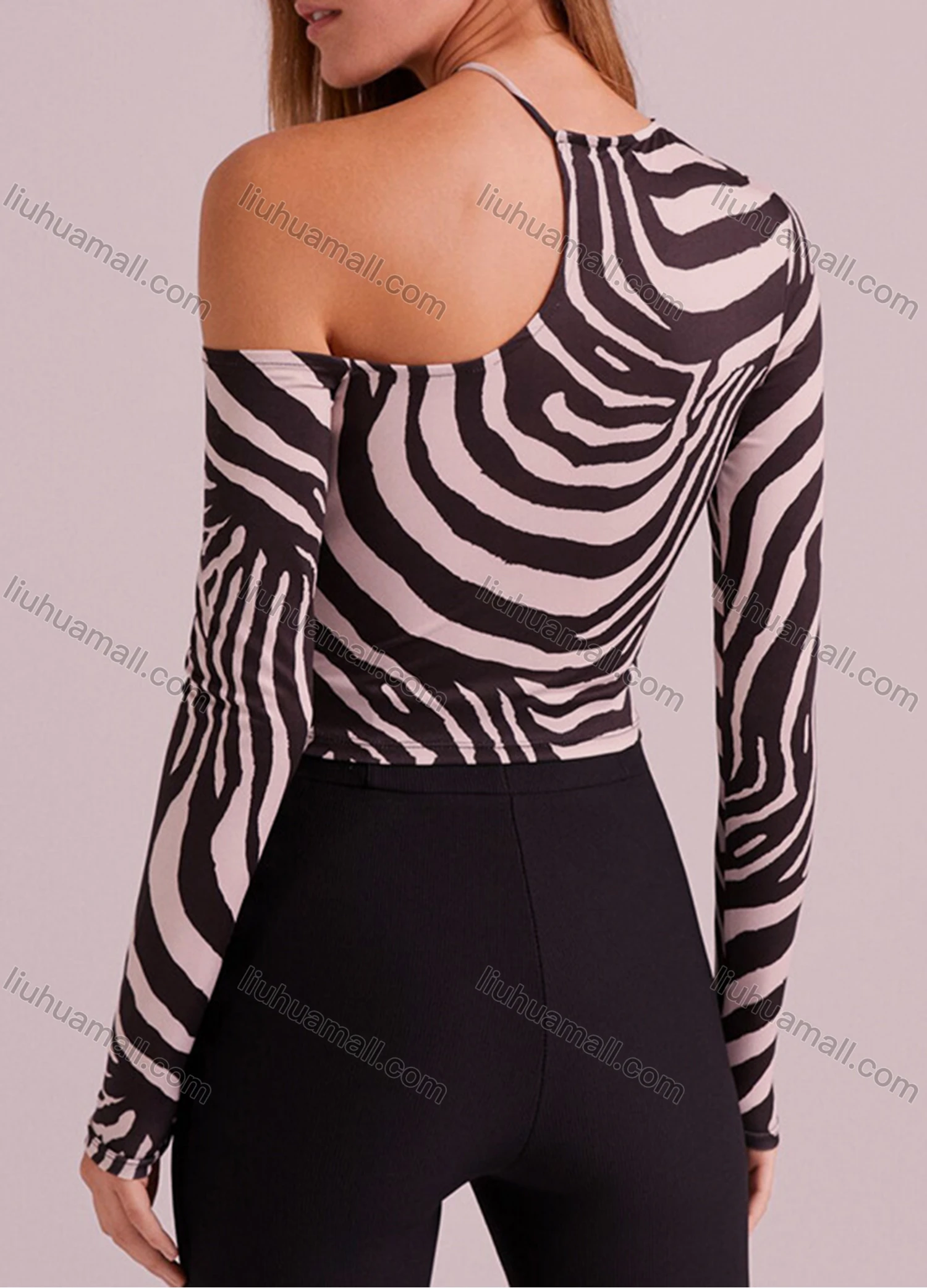 Wholesale Women's Fashion One Shoulder Allover Print Asymmetrical Crop Top Q21TP682# - Liuhuamall