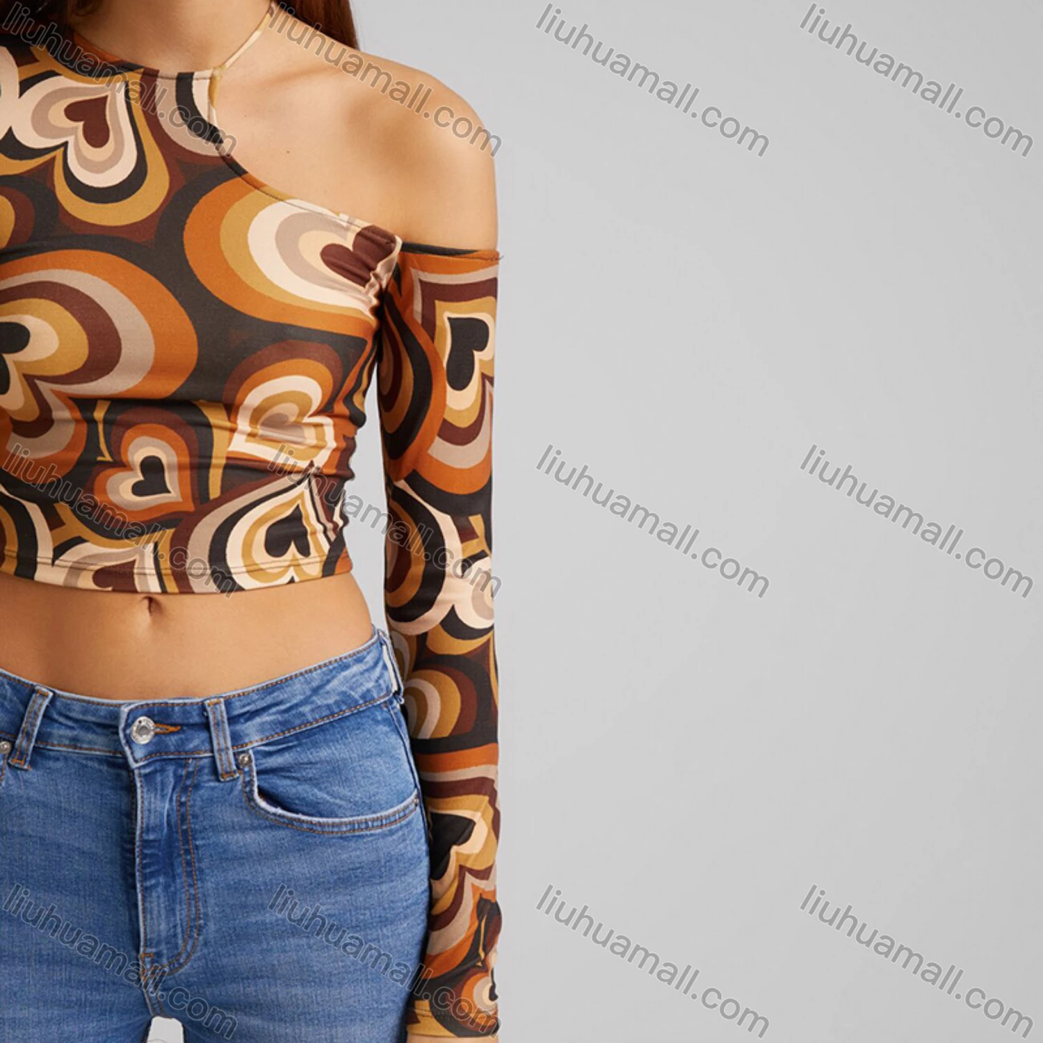 Wholesale Women's Fashion One Shoulder Allover Print Asymmetrical Crop Top Q21TP682# - Liuhuamall