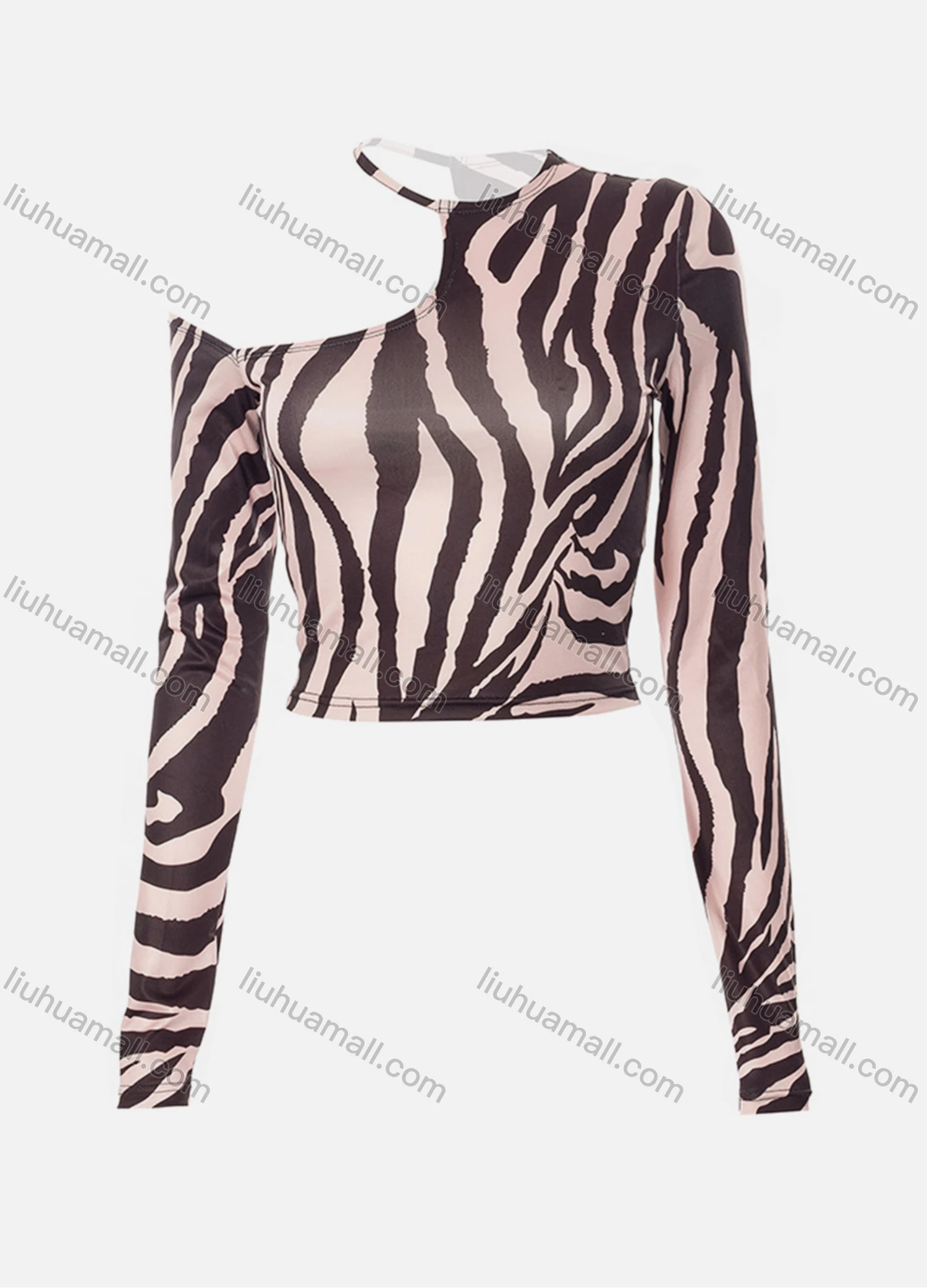 Wholesale Women's Fashion One Shoulder Allover Print Asymmetrical Crop Top Q21TP682# - Liuhuamall