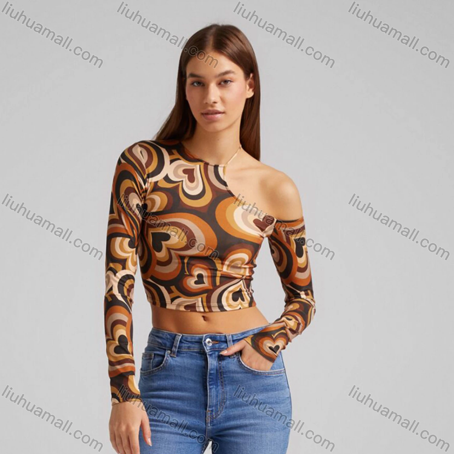 Wholesale Women's Fashion One Shoulder Allover Print Asymmetrical Crop Top Q21TP682# - Liuhuamall