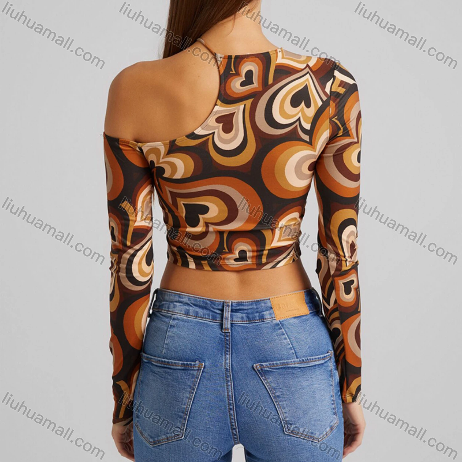 Wholesale Women's Fashion One Shoulder Allover Print Asymmetrical Crop Top Q21TP682# - Liuhuamall