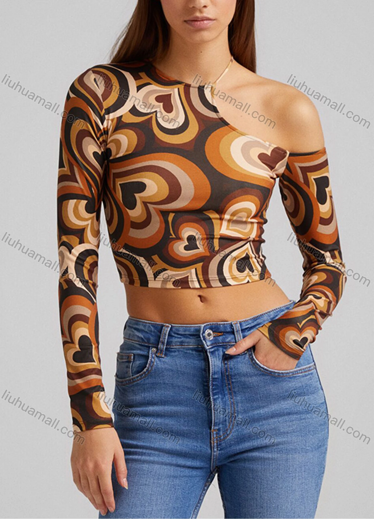 Wholesale Women's Fashion One Shoulder Allover Print Asymmetrical Crop Top Q21TP682# - Liuhuamall