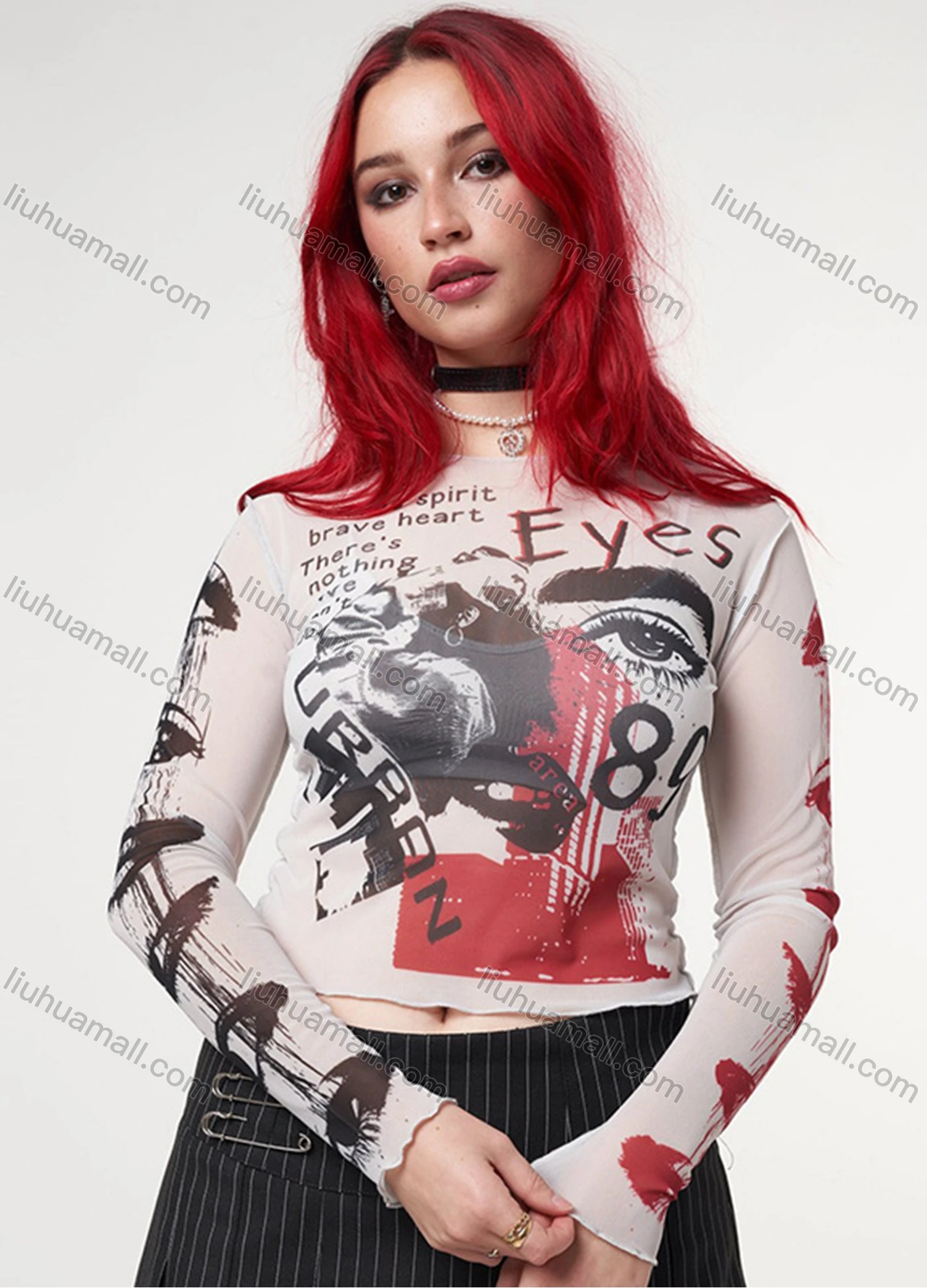 Wholesale Women's Fashion Y2K Long Sleeve Mesh Semi-sheer Graffiti Print Crop Top Q21TP726# - Liuhuamall