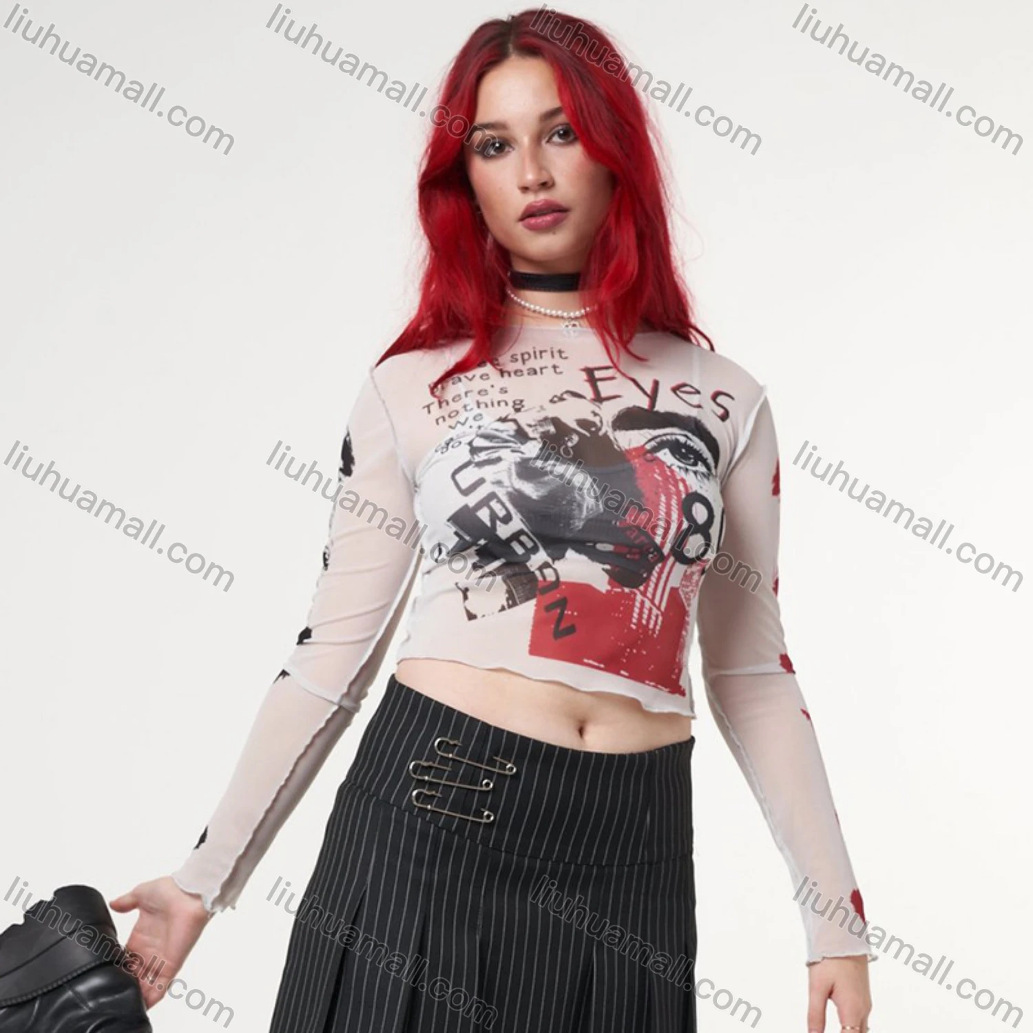 Wholesale Women's Fashion Y2K Long Sleeve Mesh Semi-sheer Graffiti Print Crop Top Q21TP726# - Liuhuamall