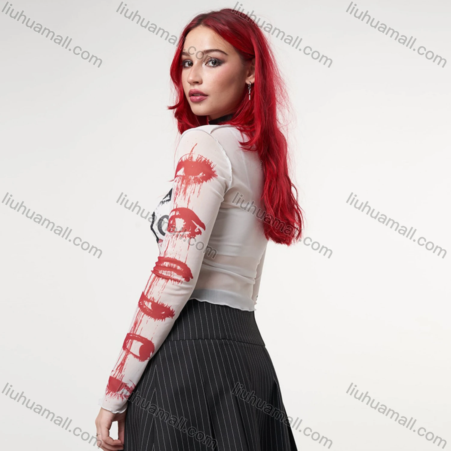 Wholesale Women's Fashion Y2K Long Sleeve Mesh Semi-sheer Graffiti Print Crop Top Q21TP726# - Liuhuamall