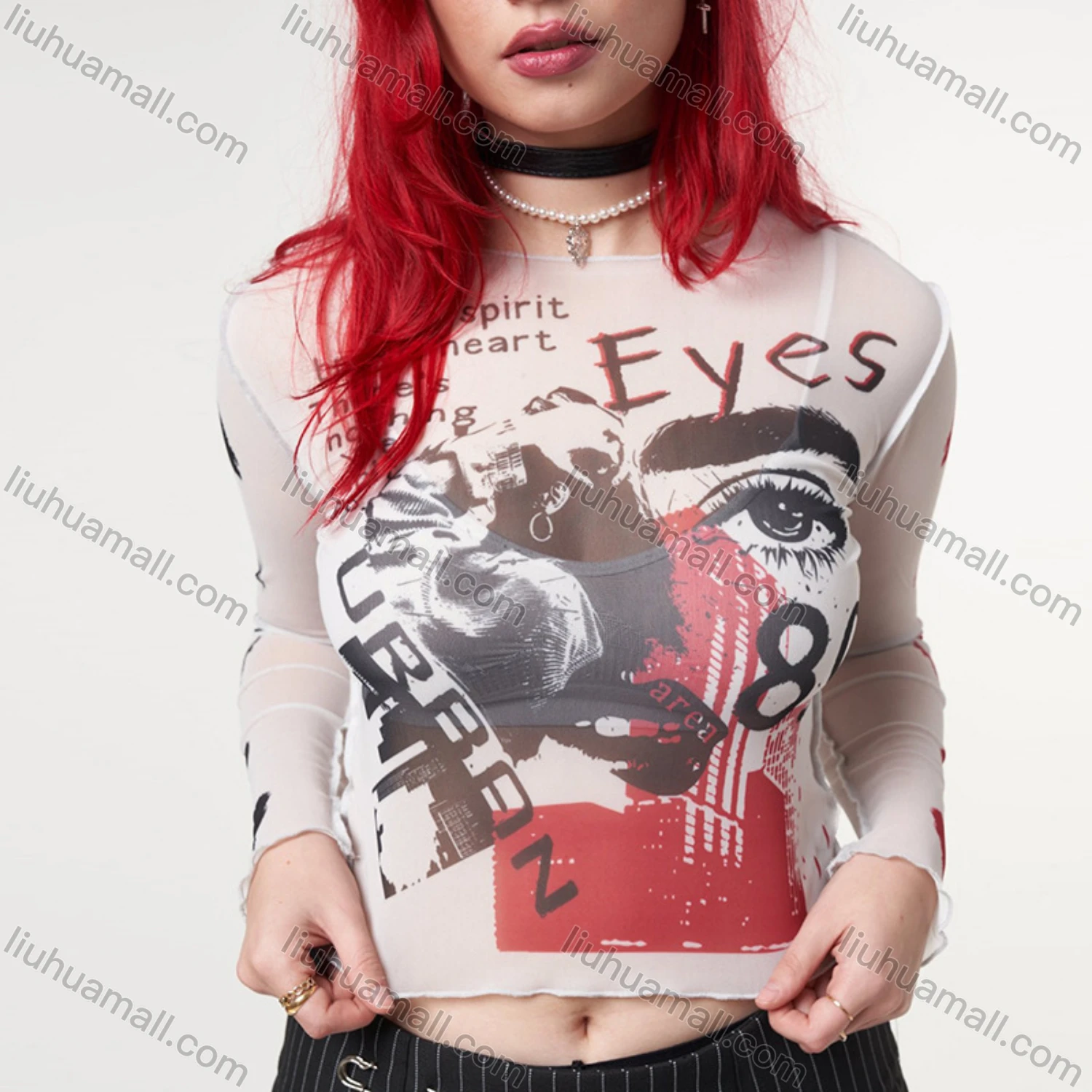 Wholesale Women's Fashion Y2K Long Sleeve Mesh Semi-sheer Graffiti Print Crop Top Q21TP726# - Liuhuamall