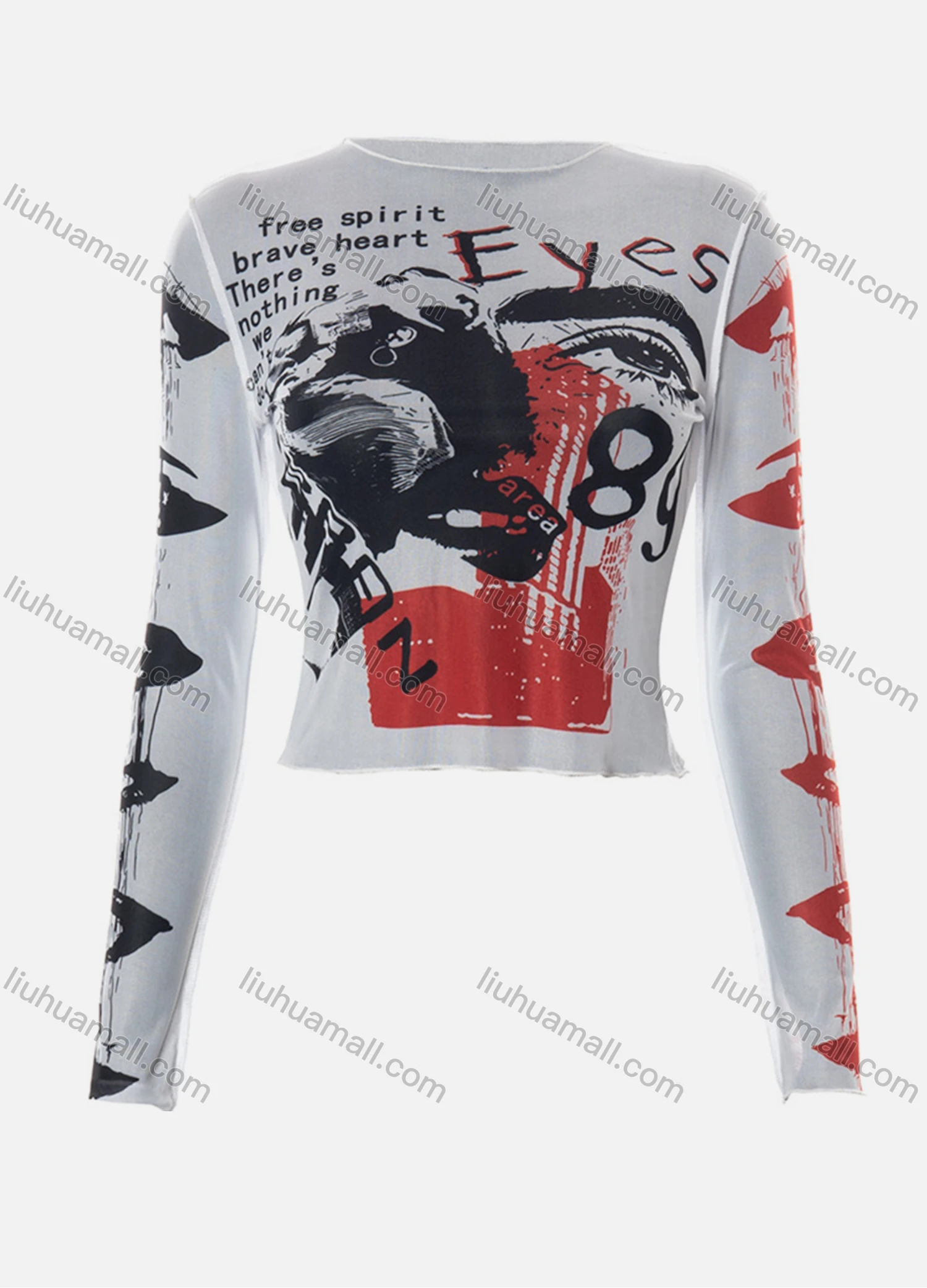 Wholesale Women's Fashion Y2K Long Sleeve Mesh Semi-sheer Graffiti Print Crop Top Q21TP726# - Liuhuamall