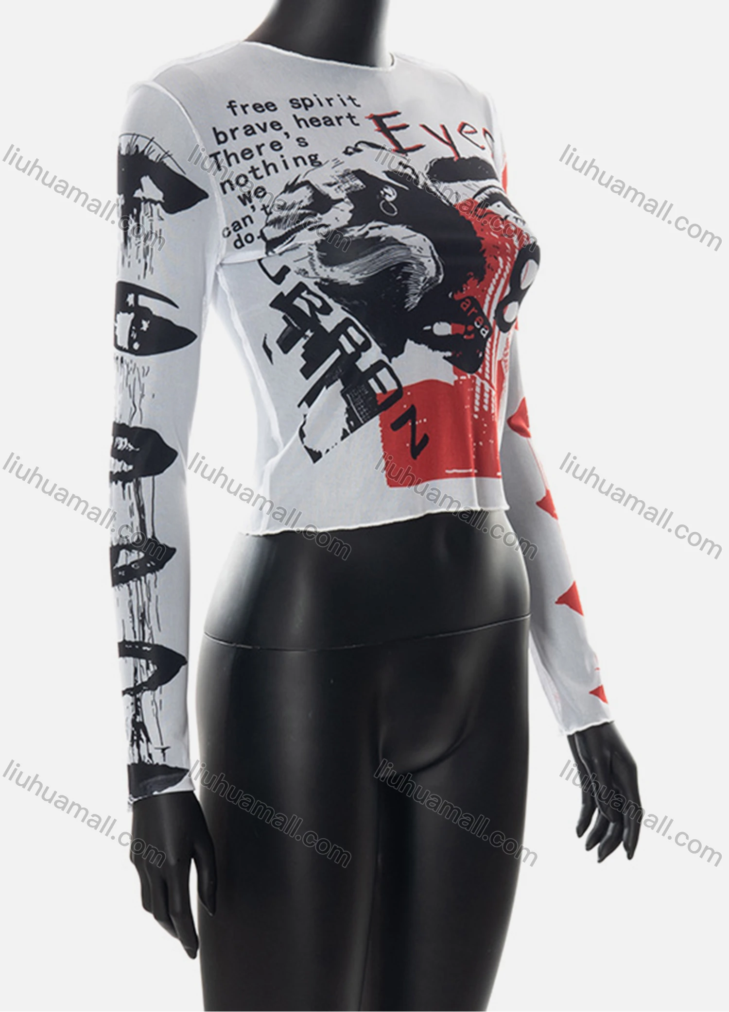 Wholesale Women's Fashion Y2K Long Sleeve Mesh Semi-sheer Graffiti Print Crop Top Q21TP726# - Liuhuamall