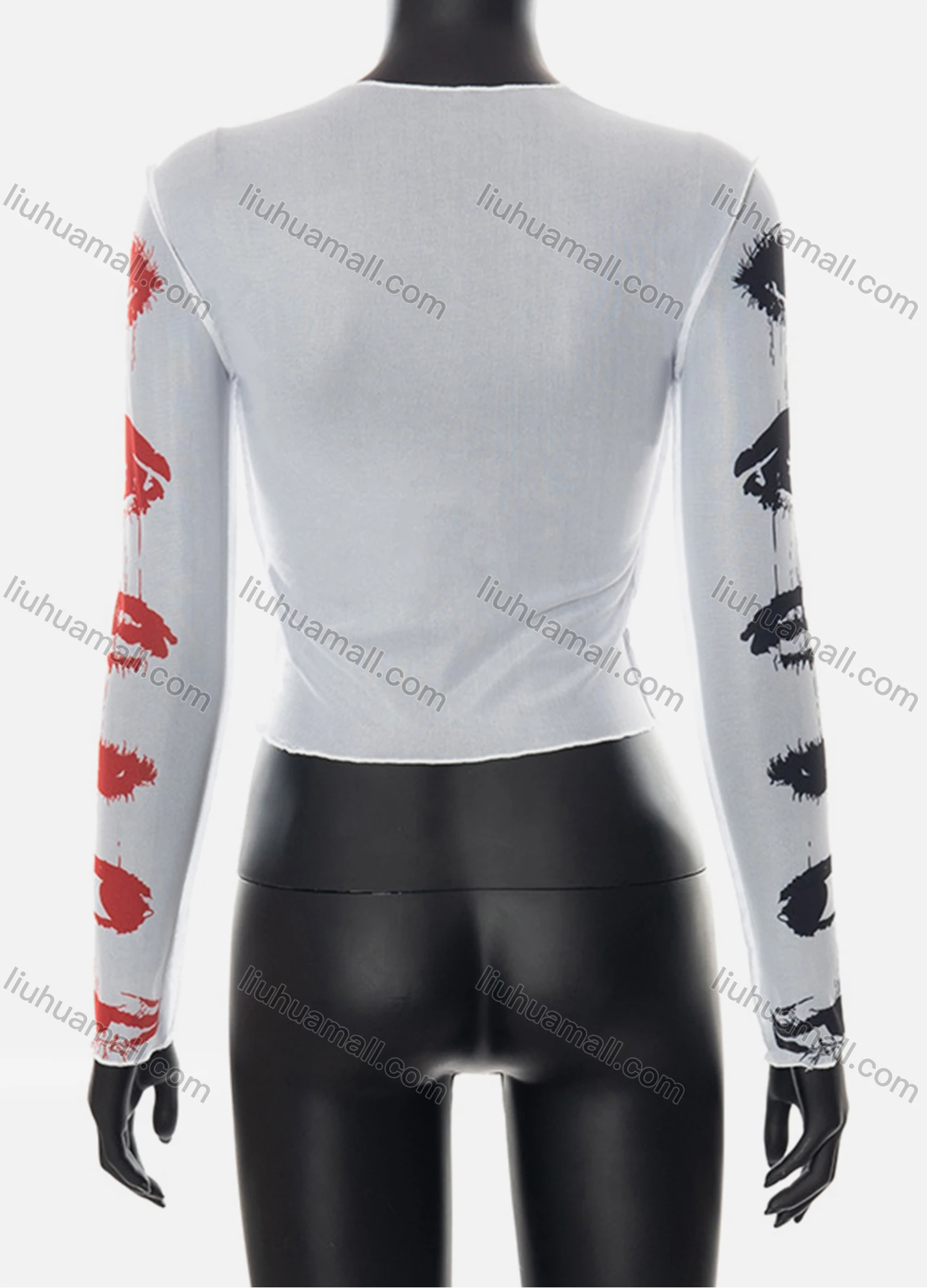 Wholesale Women's Fashion Y2K Long Sleeve Mesh Semi-sheer Graffiti Print Crop Top Q21TP726# - Liuhuamall