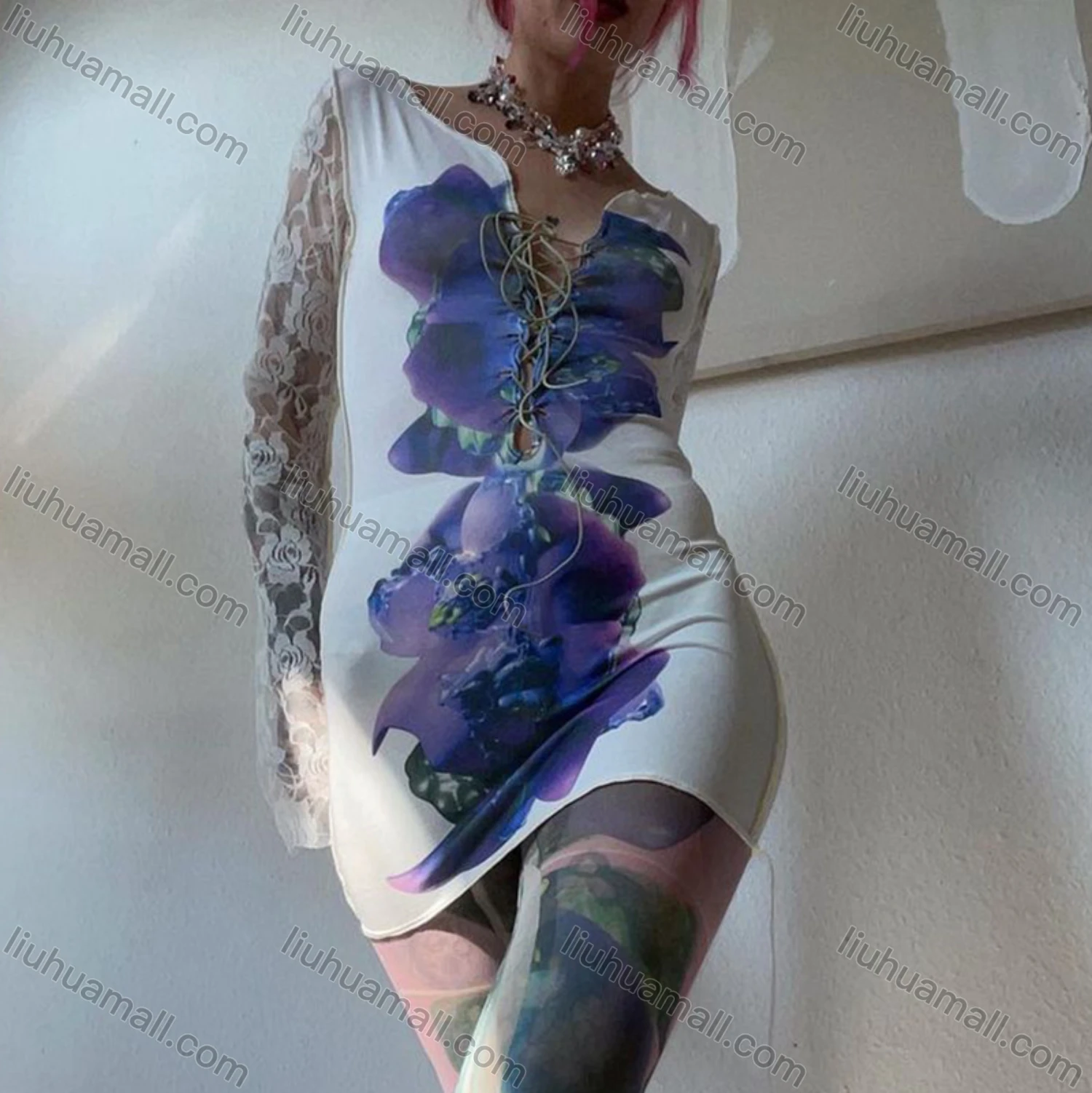 Wholesale Women's Fashion Y2K Lace Sleeve Lace Up Front Graphic Bodycon Mini Dress Q22DS391# - Liuhuamall