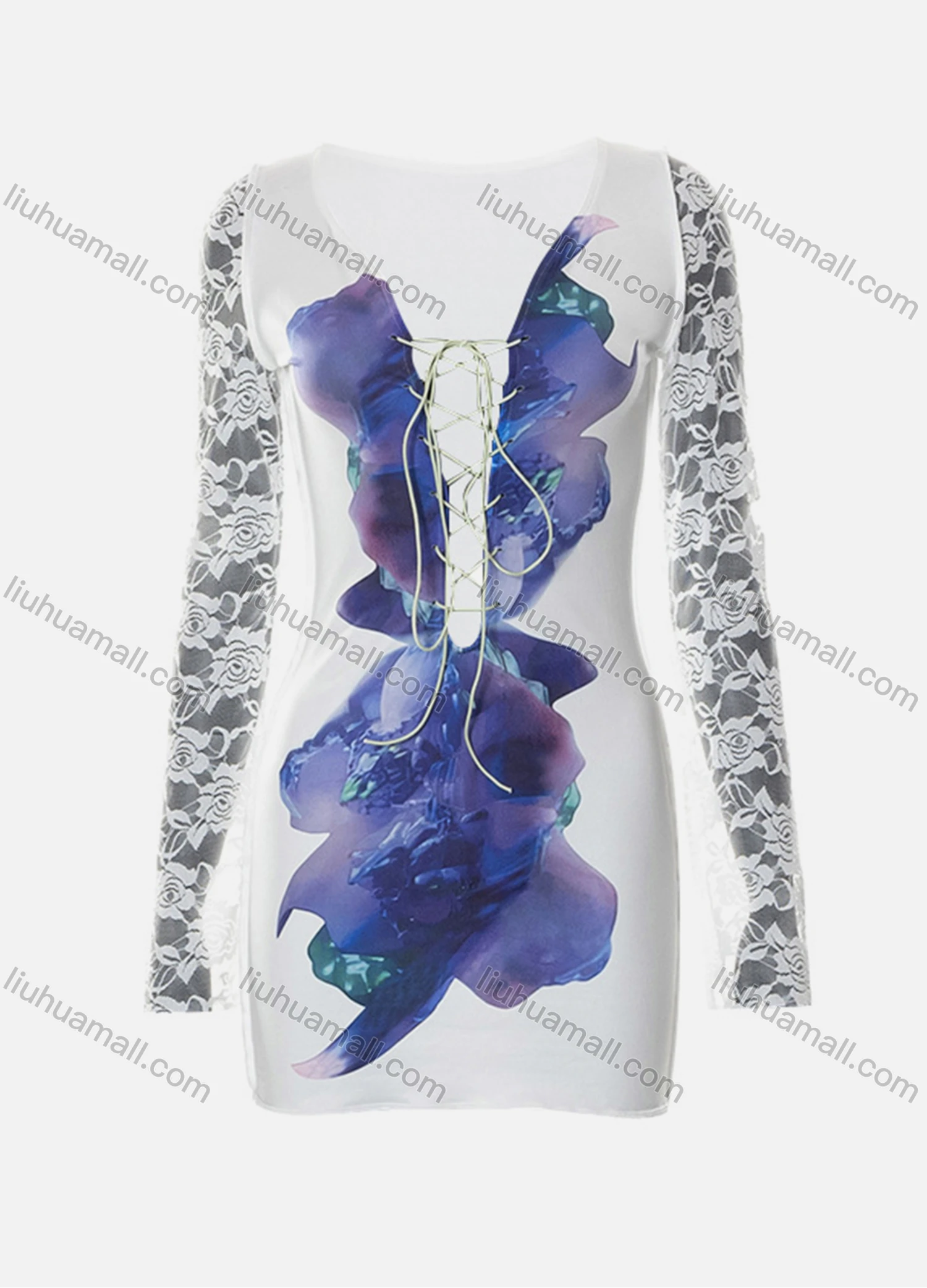 Wholesale Women's Fashion Y2K Lace Sleeve Lace Up Front Graphic Bodycon Mini Dress Q22DS391# - Liuhuamall