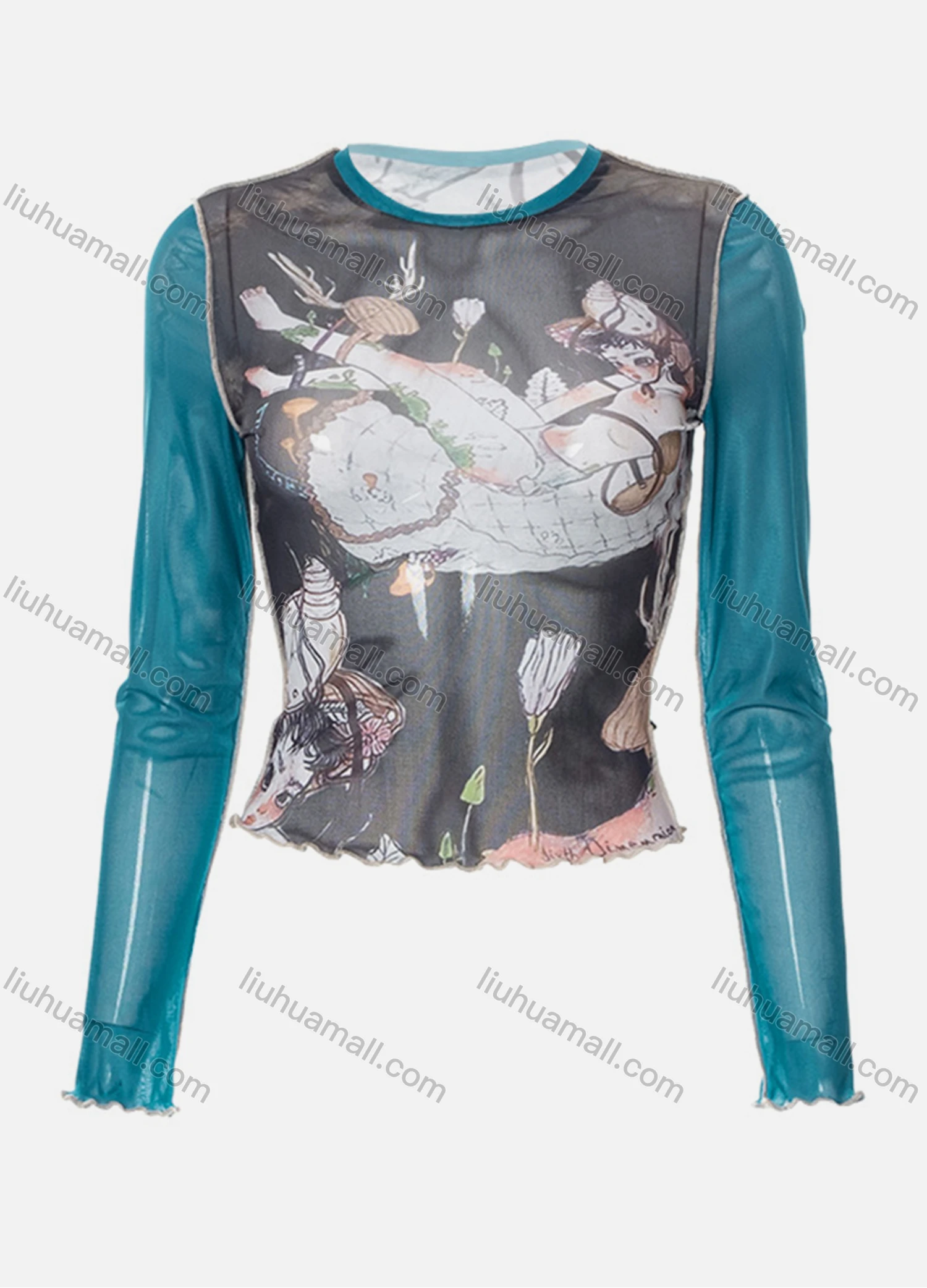 Wholesale Women's Fashion Long Sleeve Allover Print Lettuce Trim Mesh Pullover Crop Top Q22TP355# - Liuhuamall