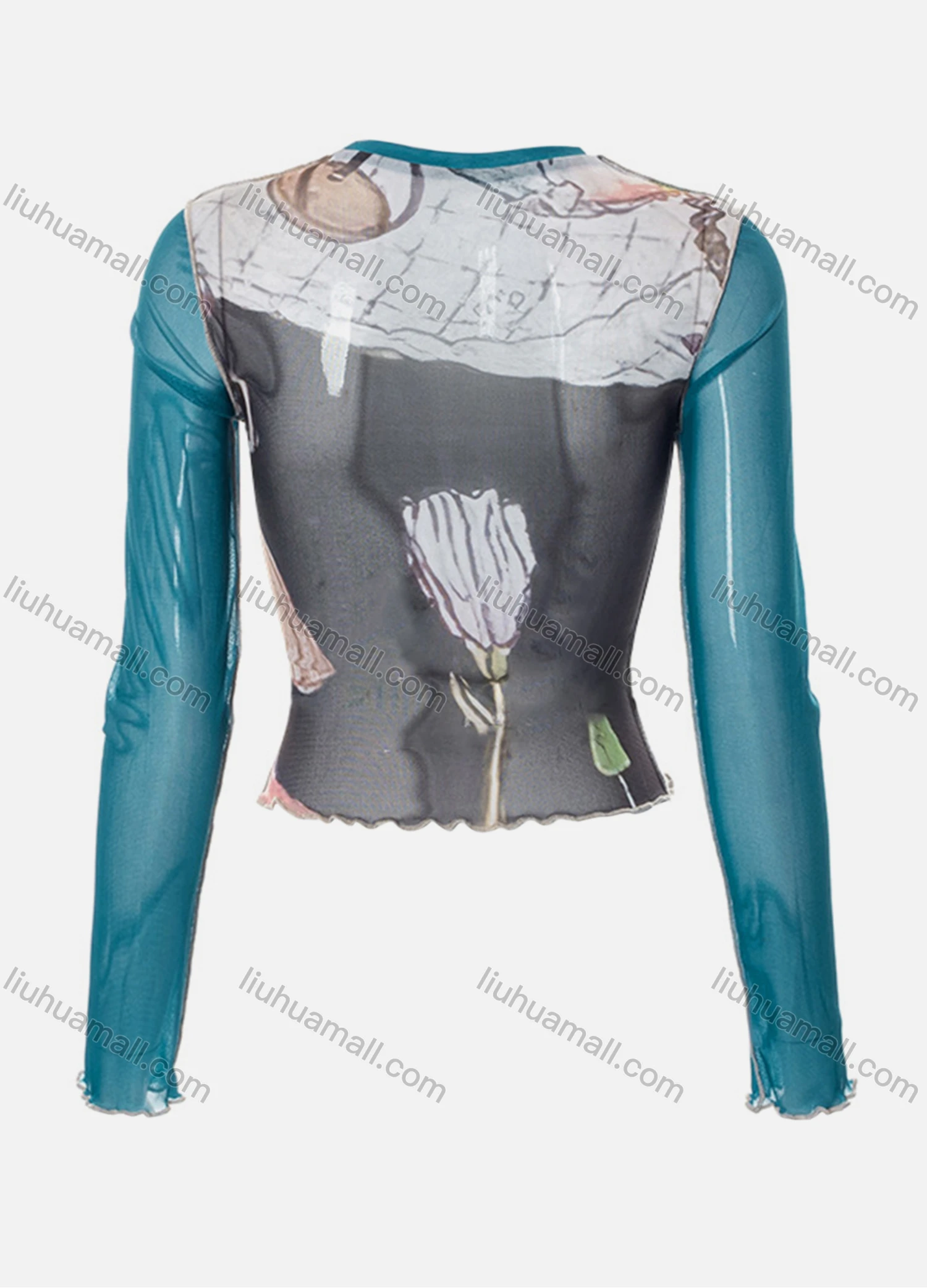 Wholesale Women's Fashion Long Sleeve Allover Print Lettuce Trim Mesh Pullover Crop Top Q22TP355# - Liuhuamall